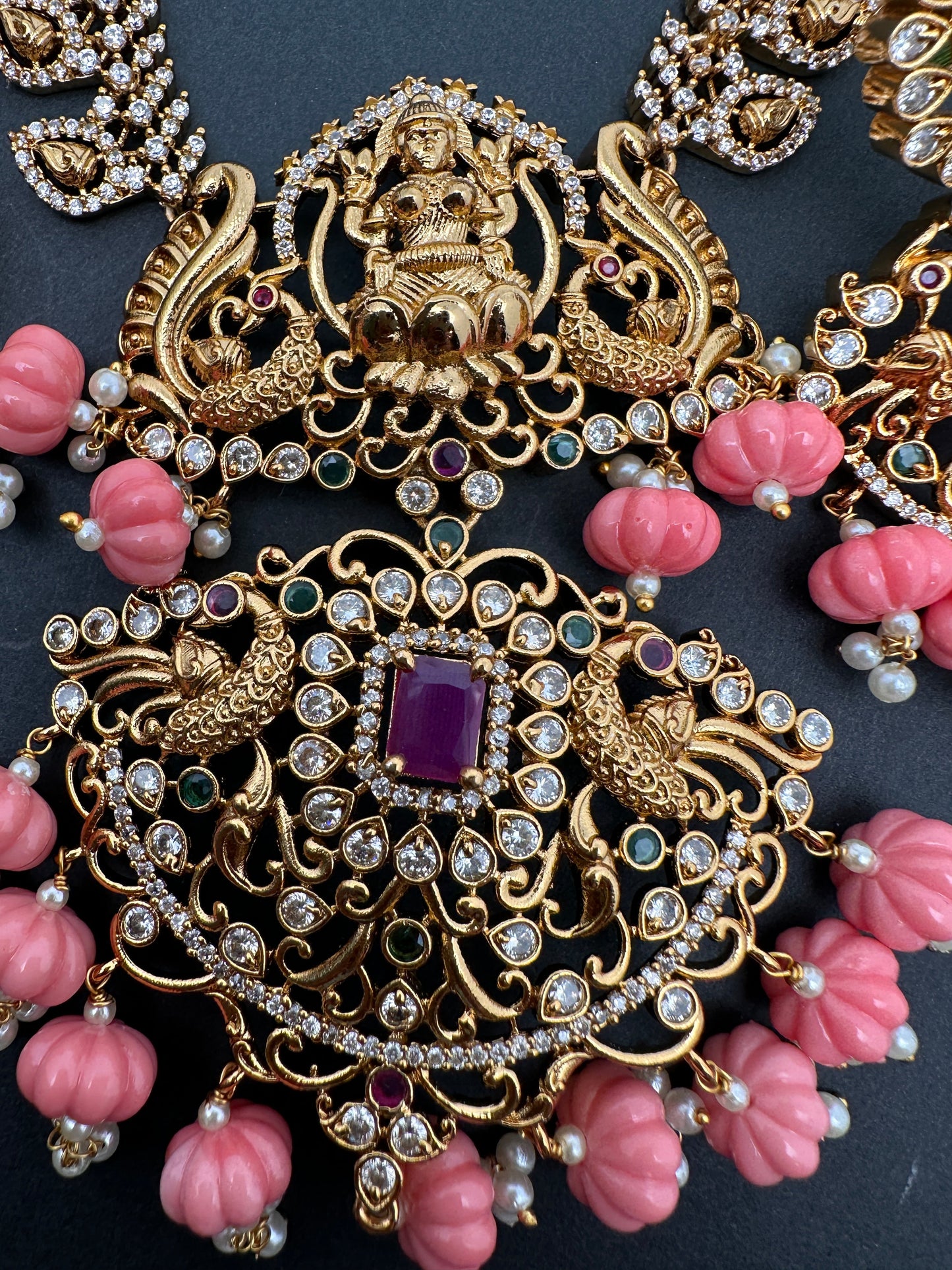 Goddess Lakshmi CZ Red Stone Pink Pumpkin beads Necklace