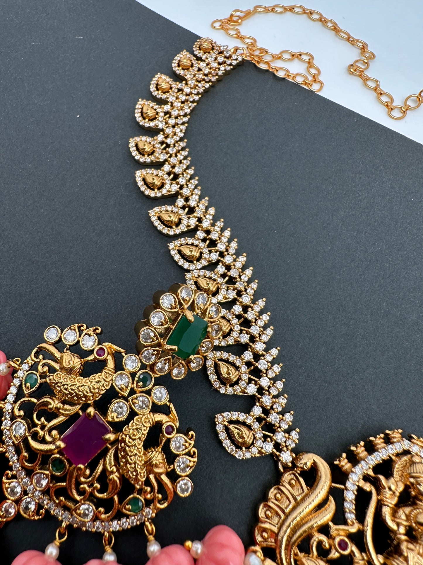 Goddess Lakshmi CZ Red Stone Pink Pumpkin beads Necklace