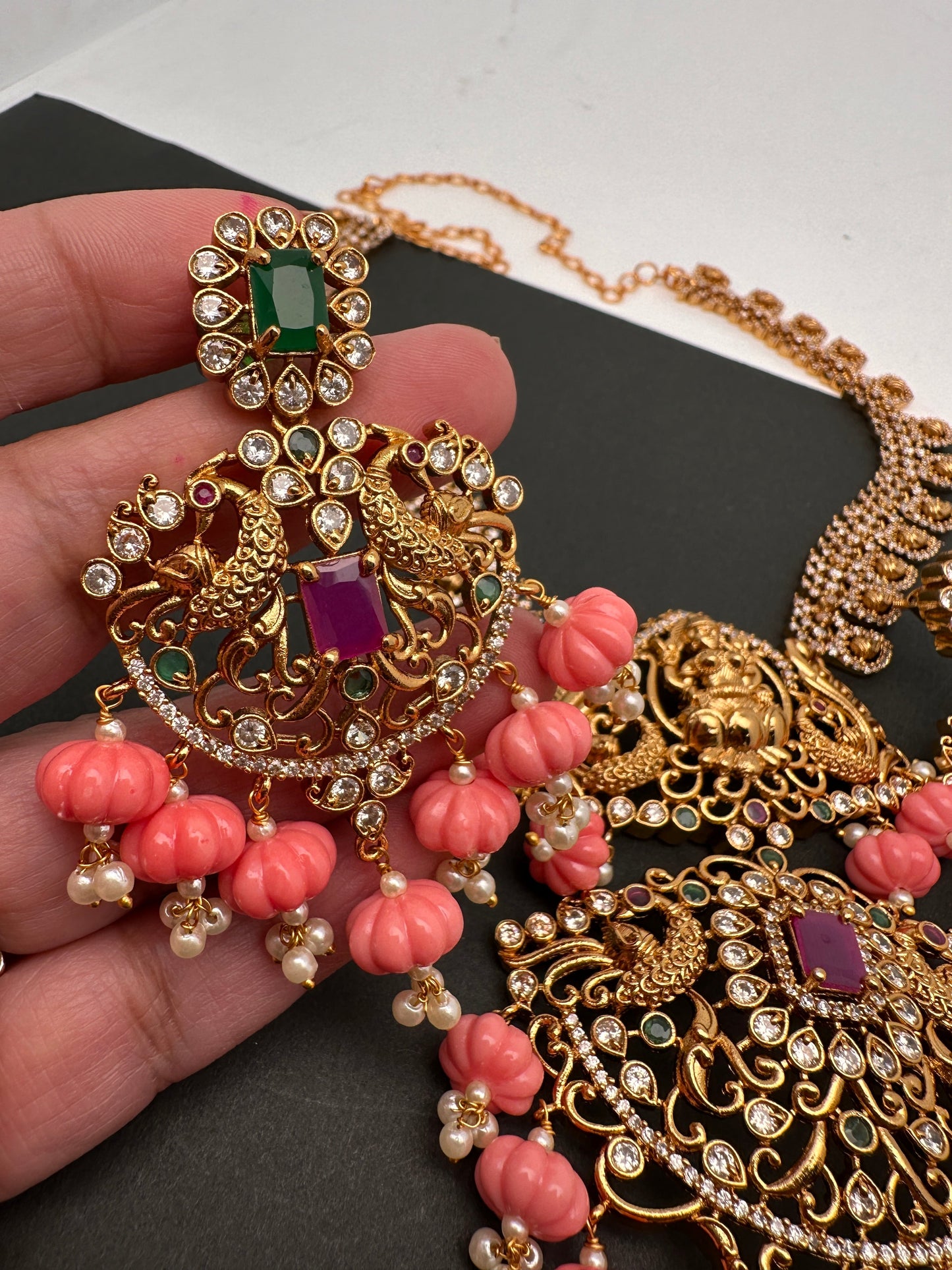 Goddess Lakshmi CZ Red Stone Pink Pumpkin beads Necklace