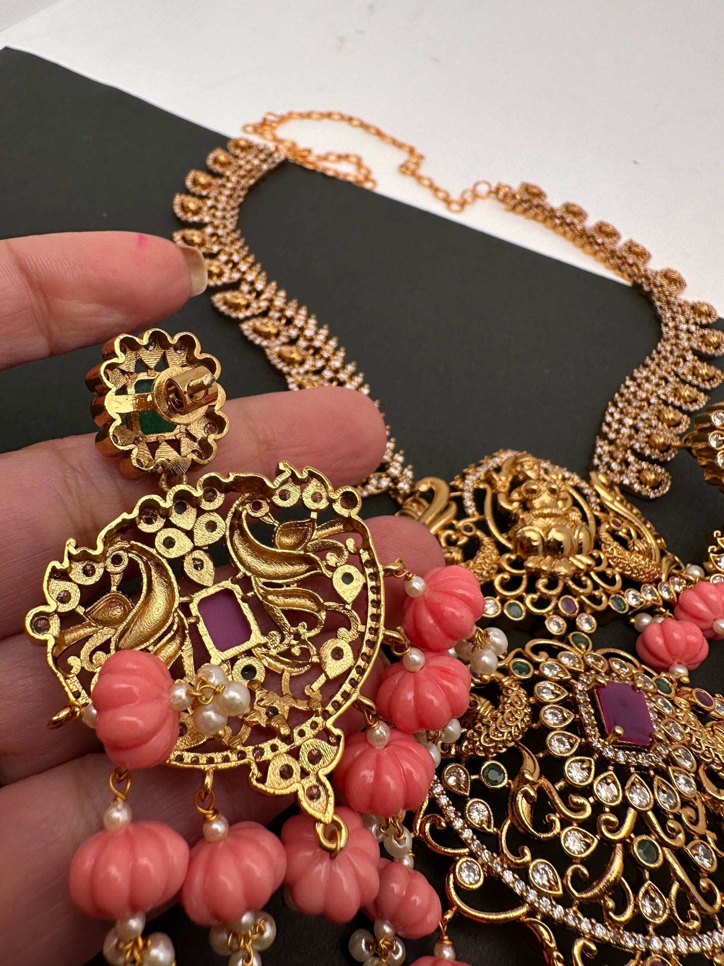 Goddess Lakshmi CZ Red Stone Pink Pumpkin beads Necklace