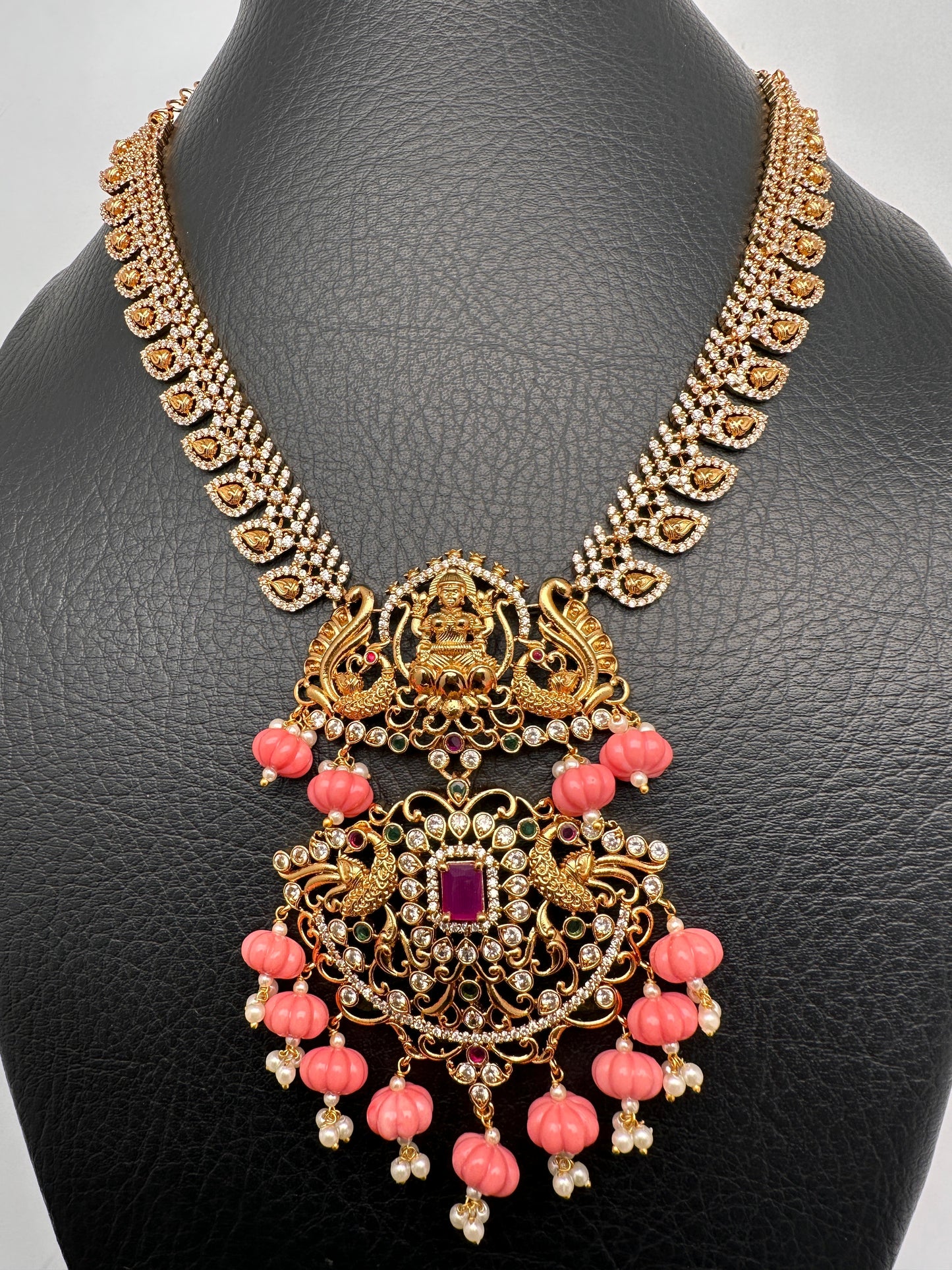 Goddess Lakshmi CZ Red Stone Pink Pumpkin beads Necklace