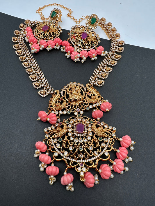 Goddess Lakshmi CZ Red Stone Pink Pumpkin beads Necklace