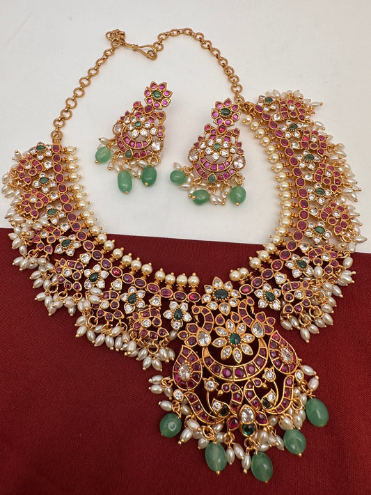 Red Kemp Floral Design Green Beads Rice Pearls Guttapusalu Necklace