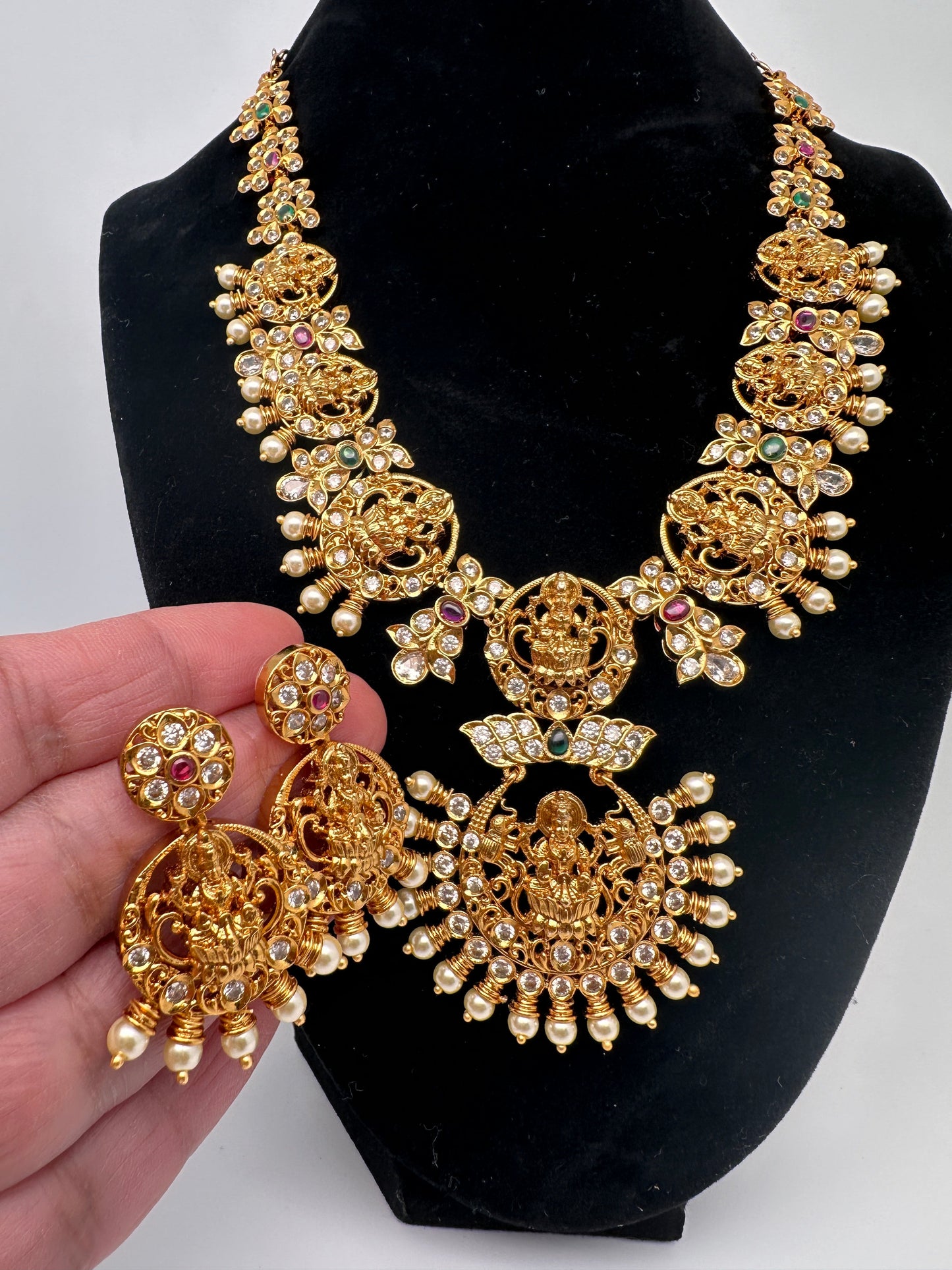 Goddess Lakshmi AD Red Green Stone Necklace