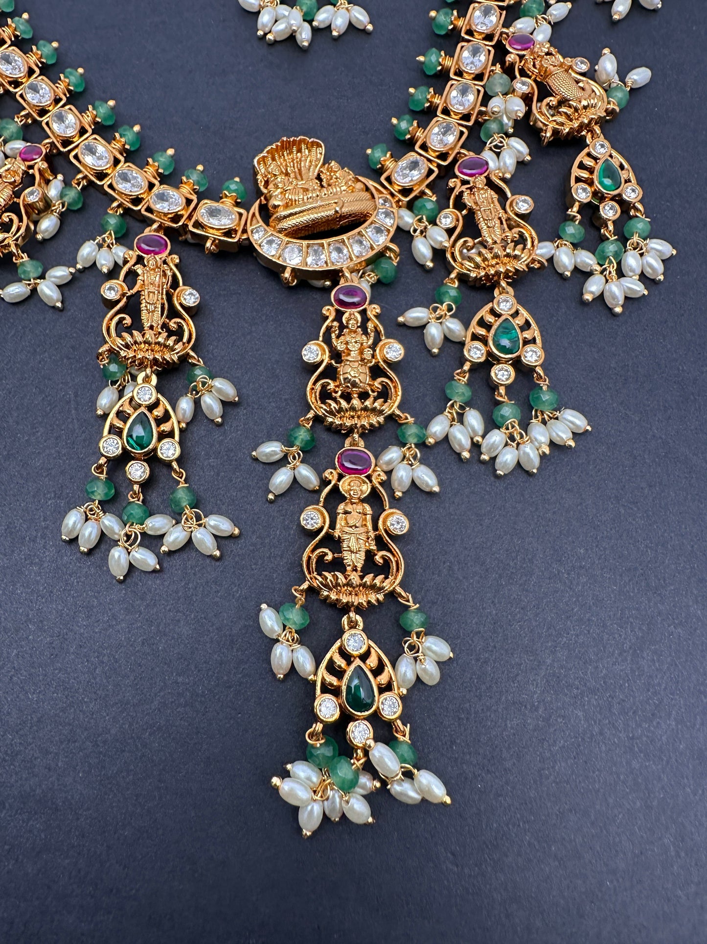 Dashavataram CZ Red Green Stone Rice Pearls Green Beads Guttapusalu Necklace