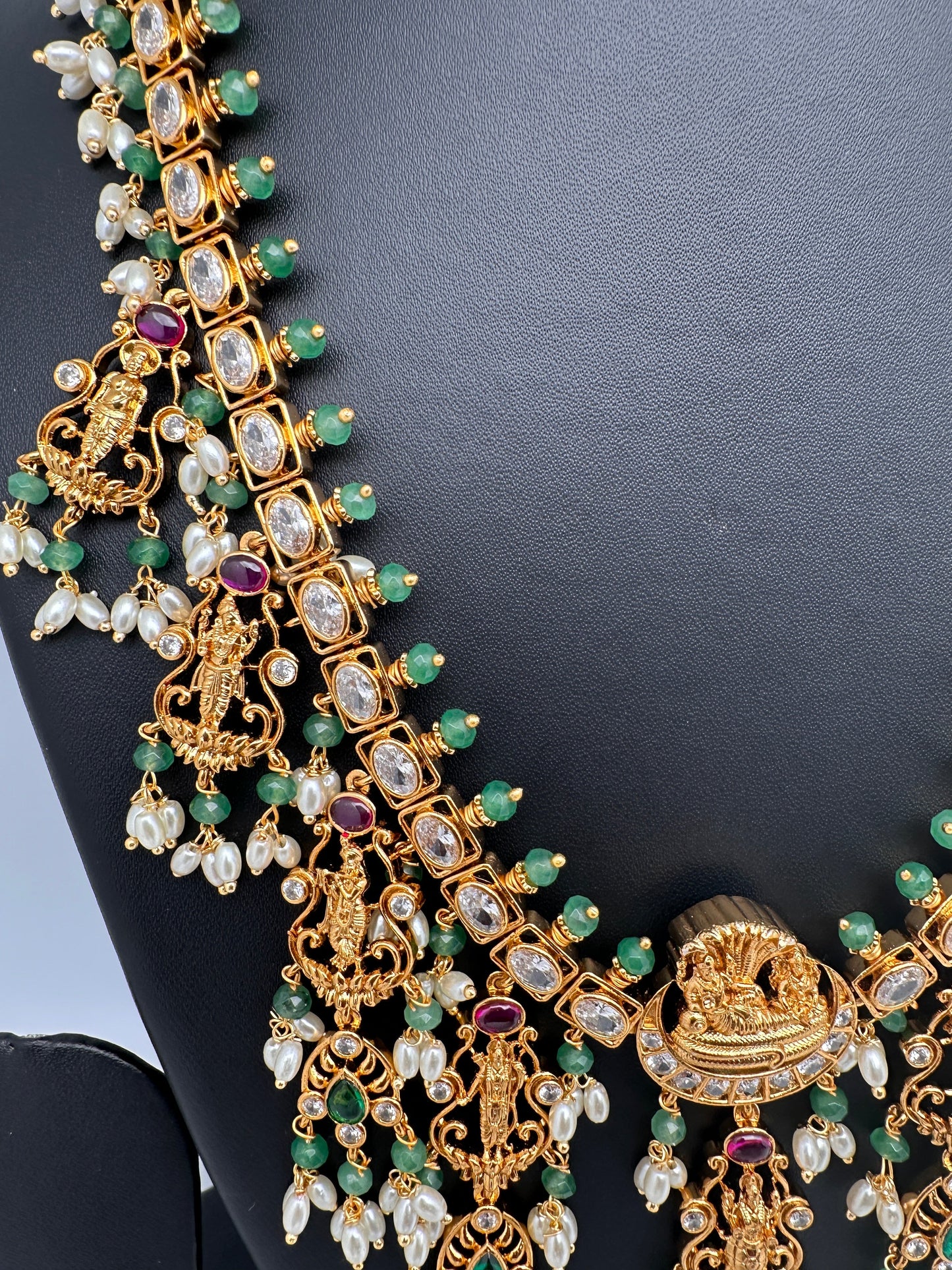 Dashavataram CZ Red Green Stone Rice Pearls Green Beads Guttapusalu Necklace