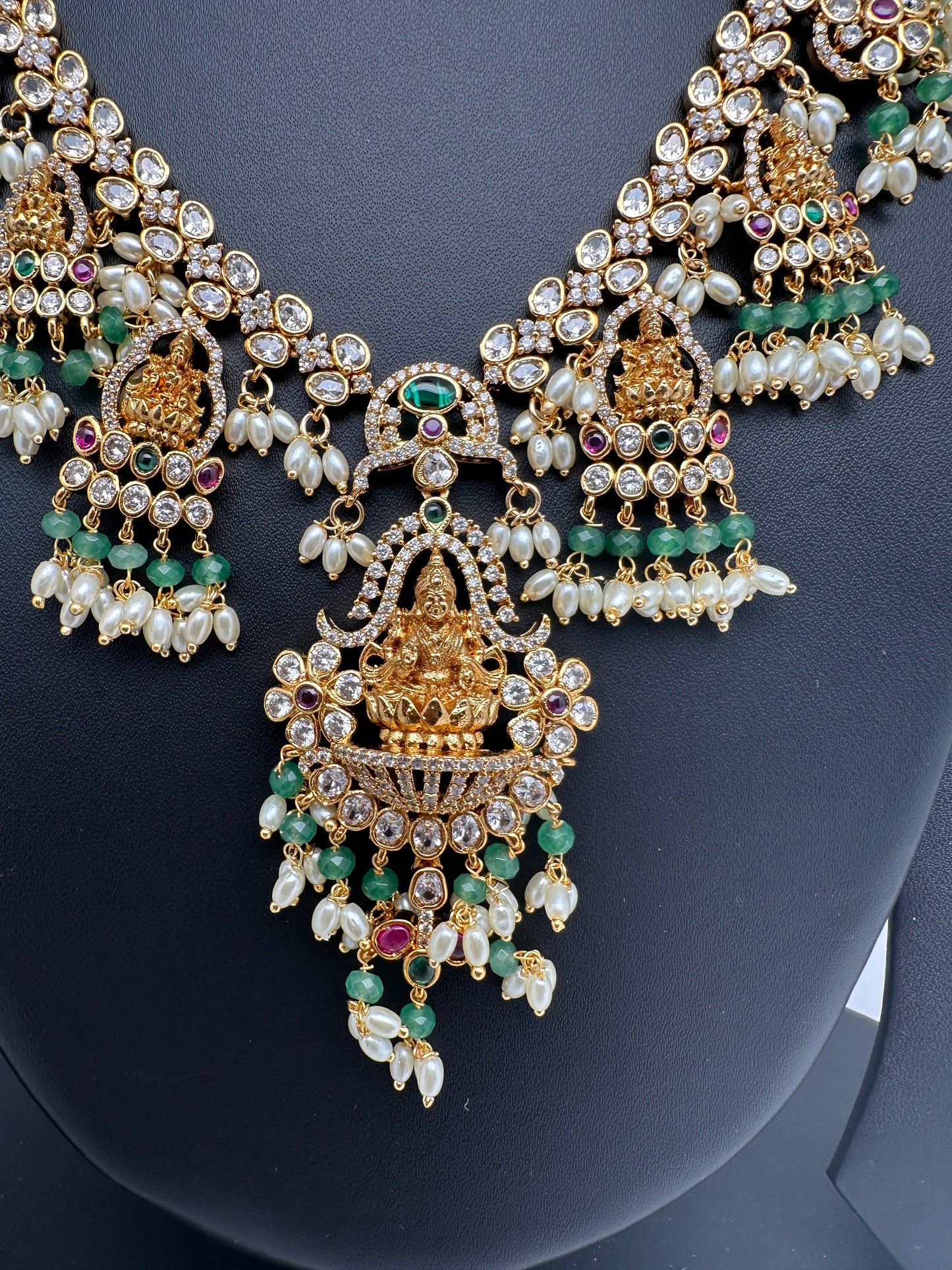 Goddess Lakshmi CZ Red Green Stone Rice Pearls Guttapusalu Necklace