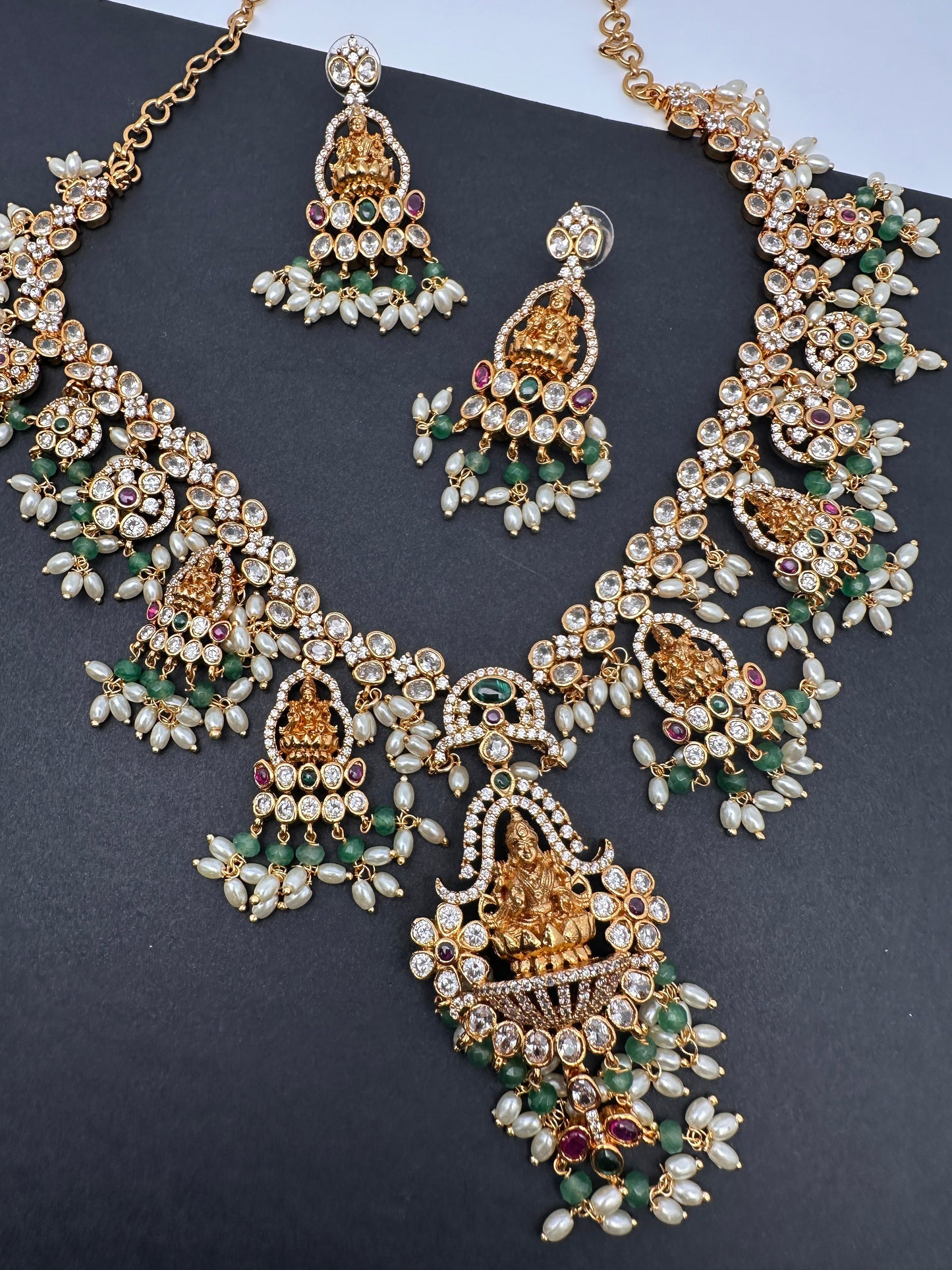 Goddess Lakshmi CZ Red Green Stone Rice Pearls Guttapusalu Necklace