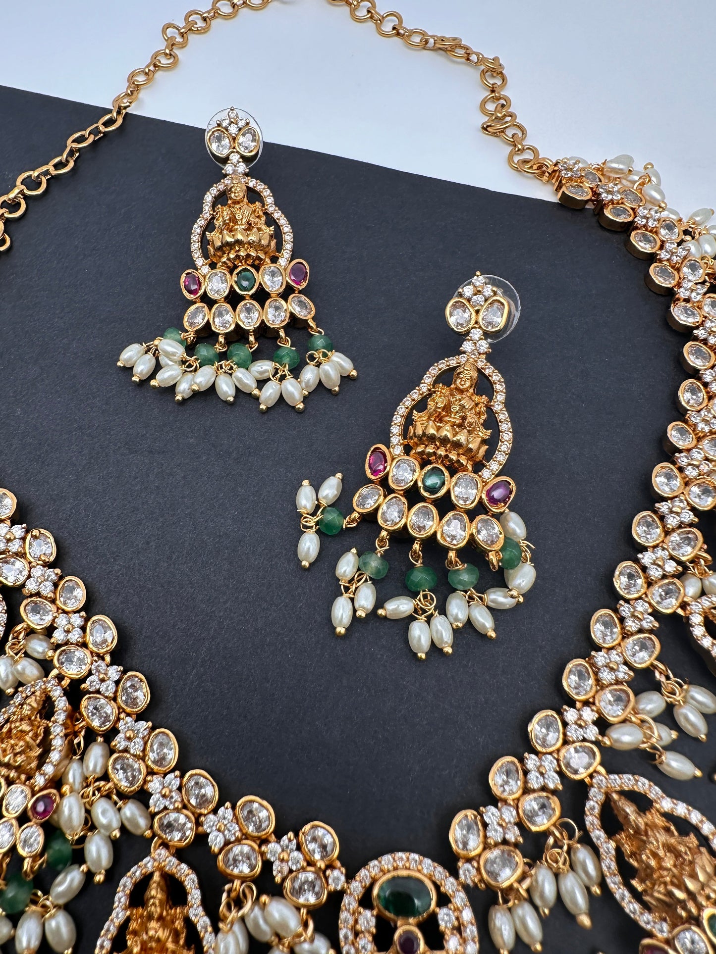 Goddess Lakshmi CZ Red Green Stone Rice Pearls Guttapusalu Necklace