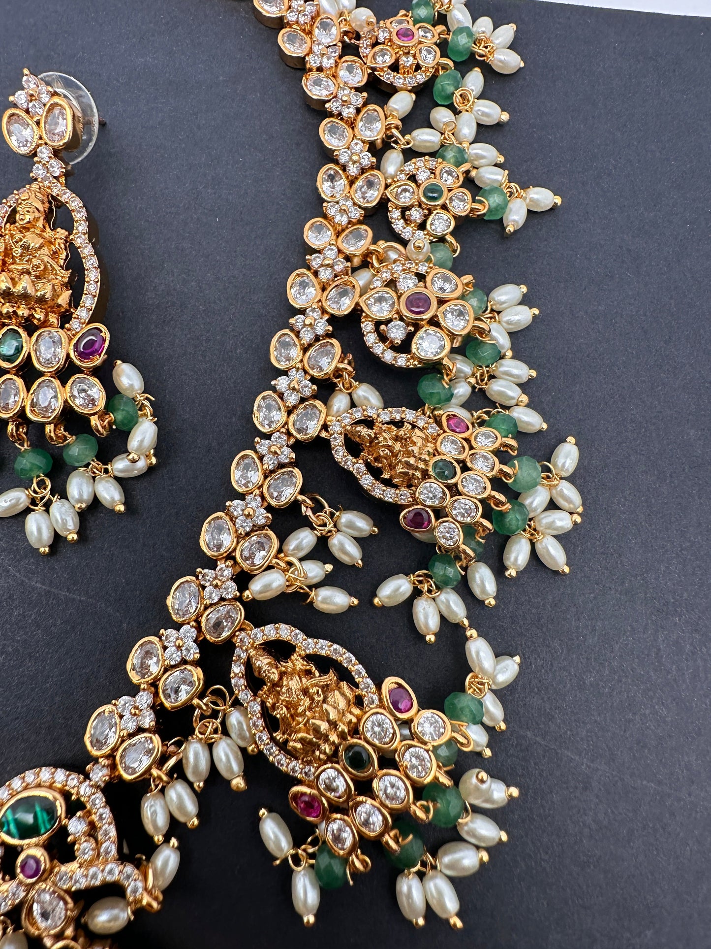 Goddess Lakshmi CZ Red Green Stone Rice Pearls Guttapusalu Necklace