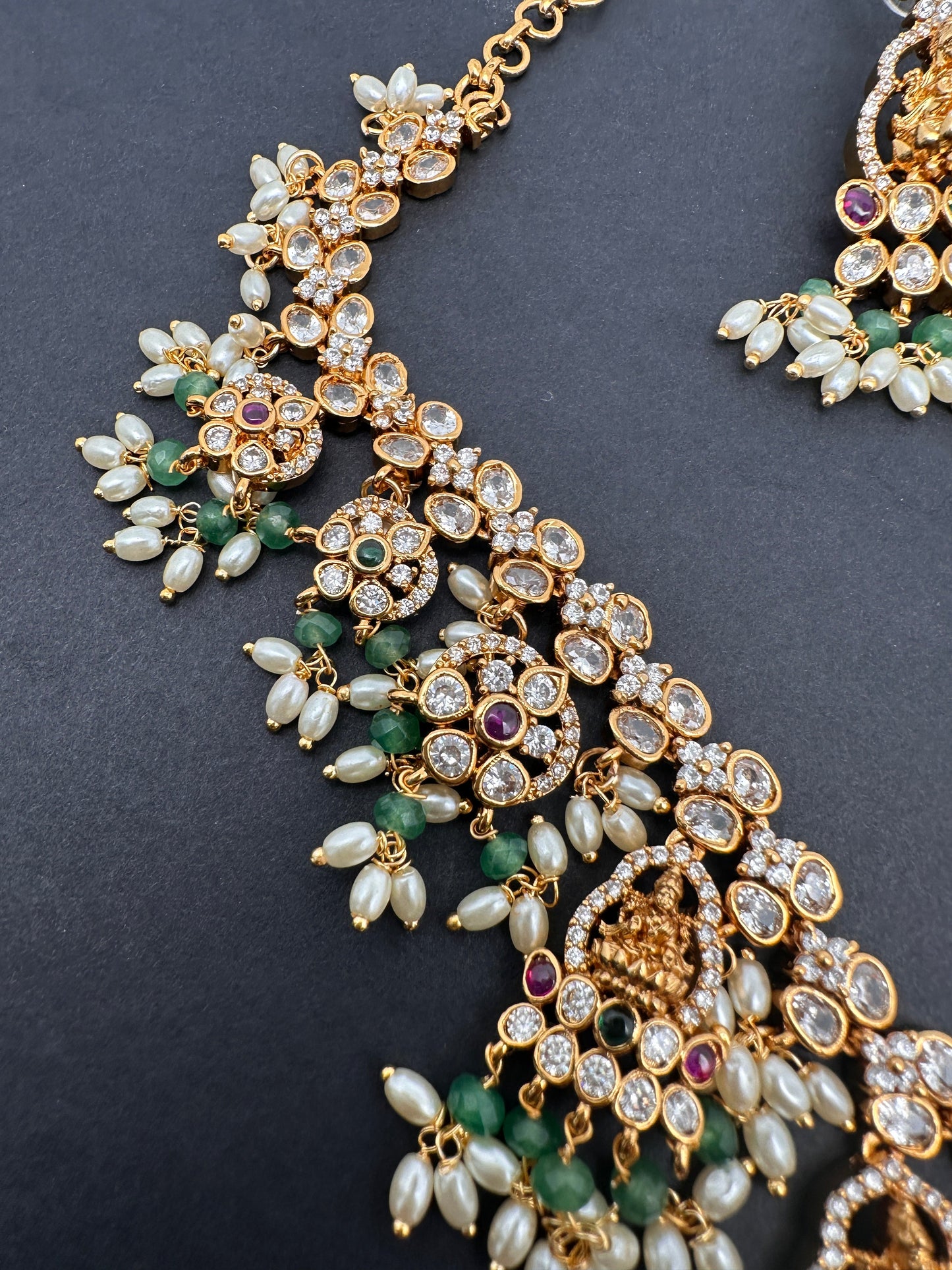 Goddess Lakshmi CZ Red Green Stone Rice Pearls Guttapusalu Necklace