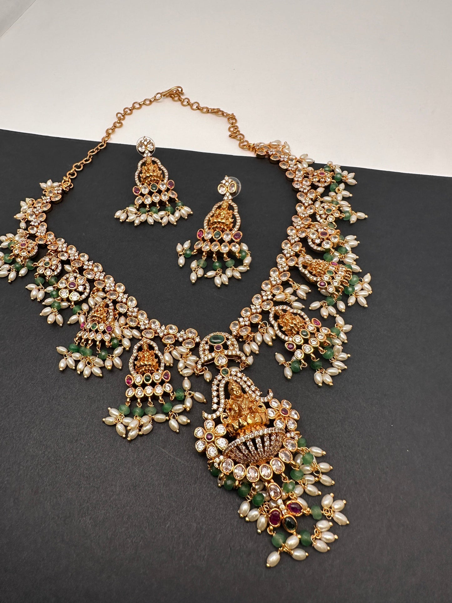 Goddess Lakshmi CZ Red Green Stone Rice Pearls Guttapusalu Necklace