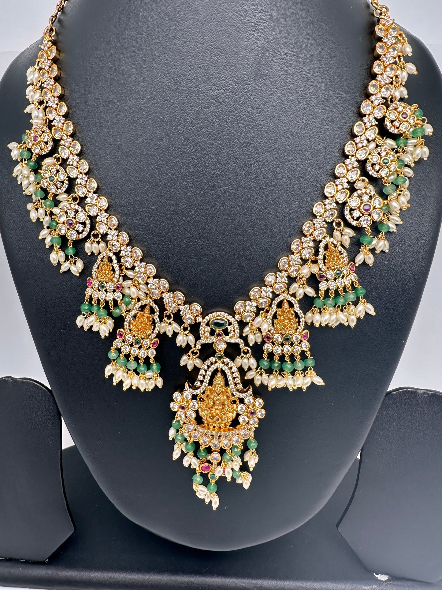 Goddess Lakshmi CZ Red Green Stone Rice Pearls Guttapusalu Necklace