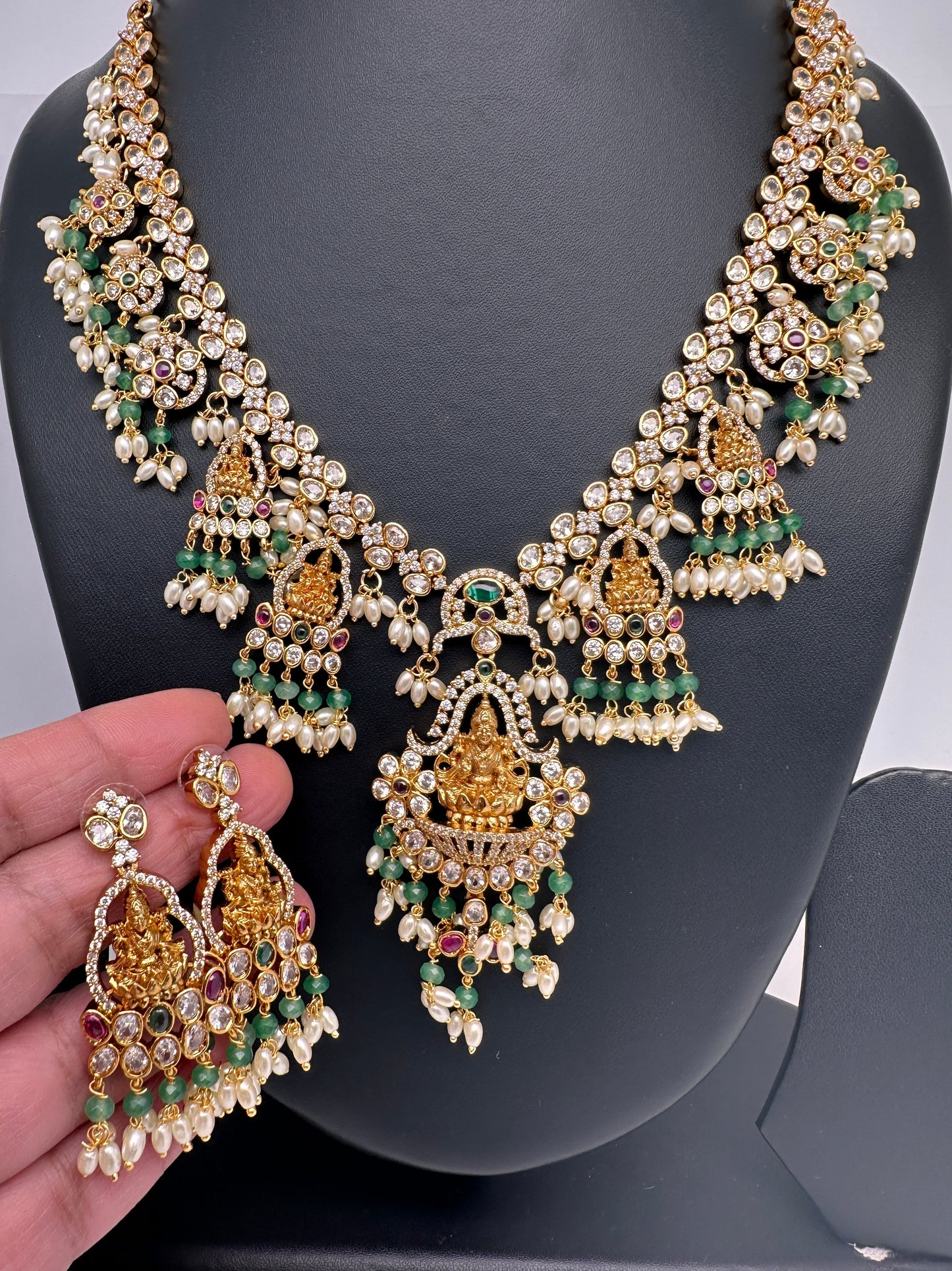 Goddess Lakshmi CZ Red Green Stone Rice Pearls Guttapusalu Necklace