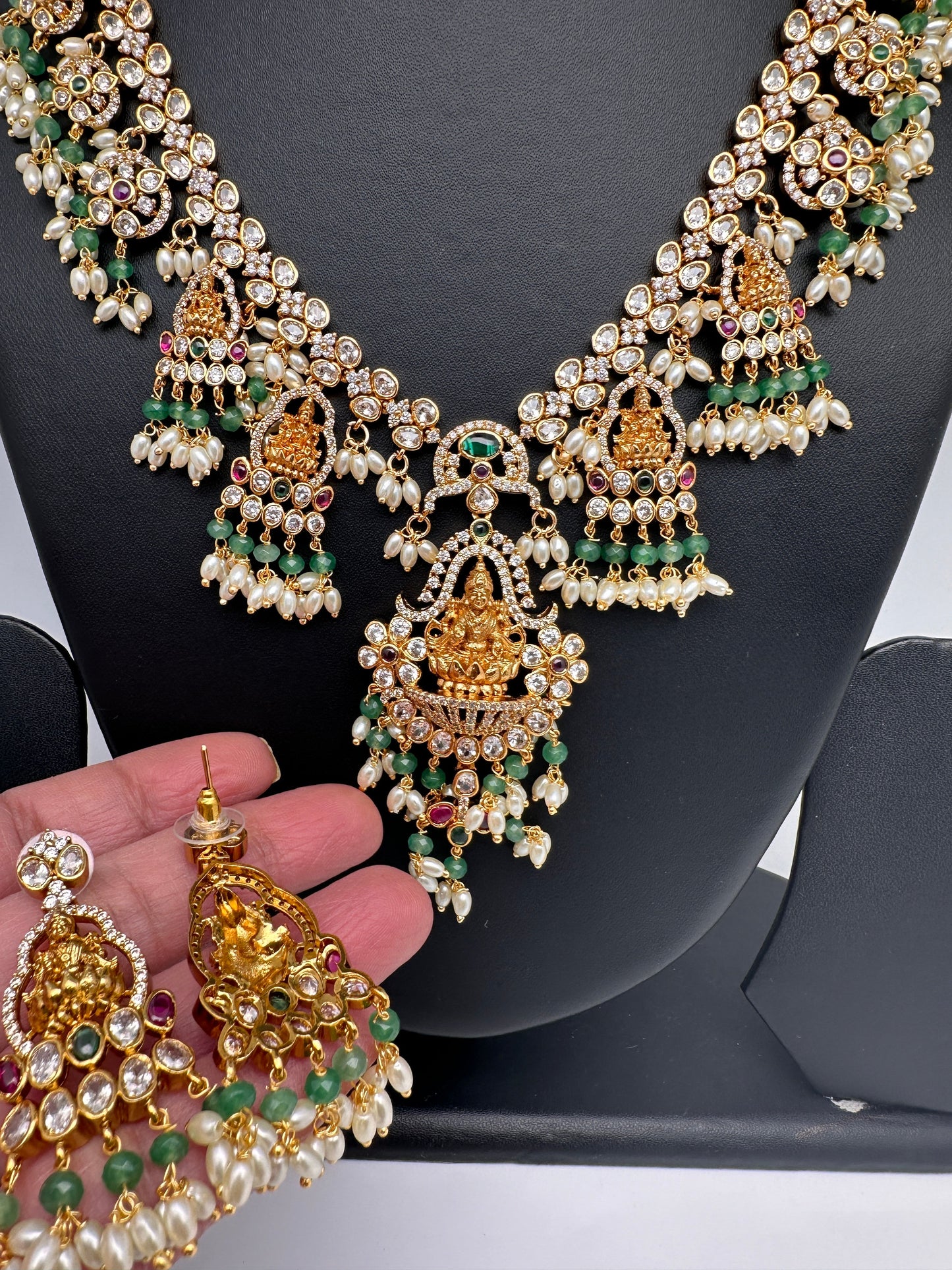 Goddess Lakshmi CZ Red Green Stone Rice Pearls Guttapusalu Necklace