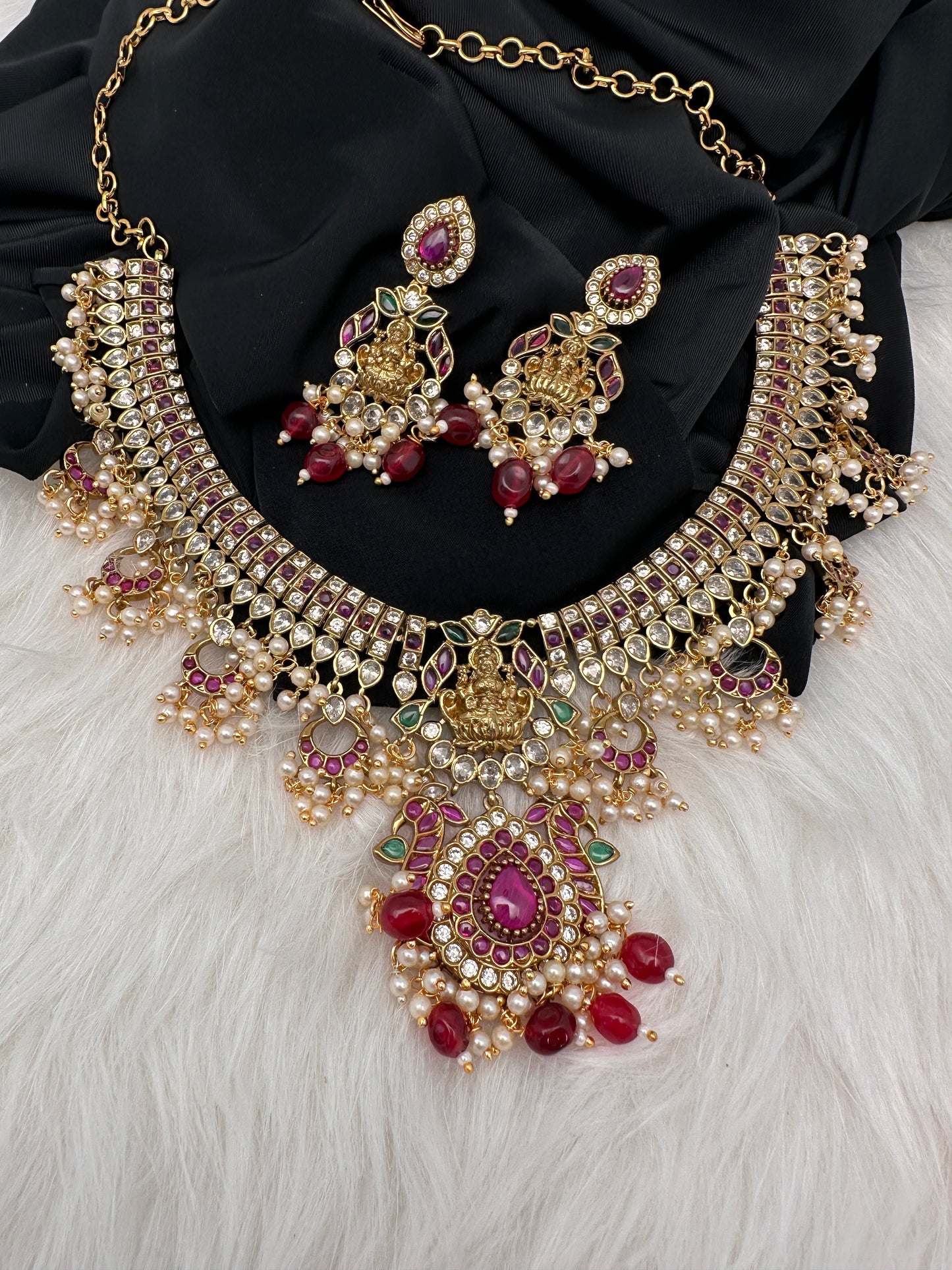 Goddess Lakshmi AD Red Kemp Red Beads Guttapusalu Necklace