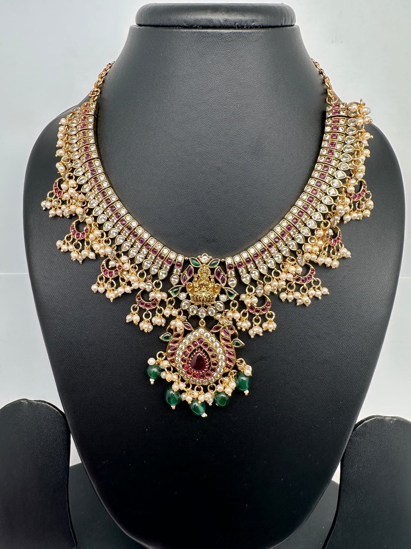 Goddess Lakshmi AD Red Kemp Green Beads Guttapusalu Necklace