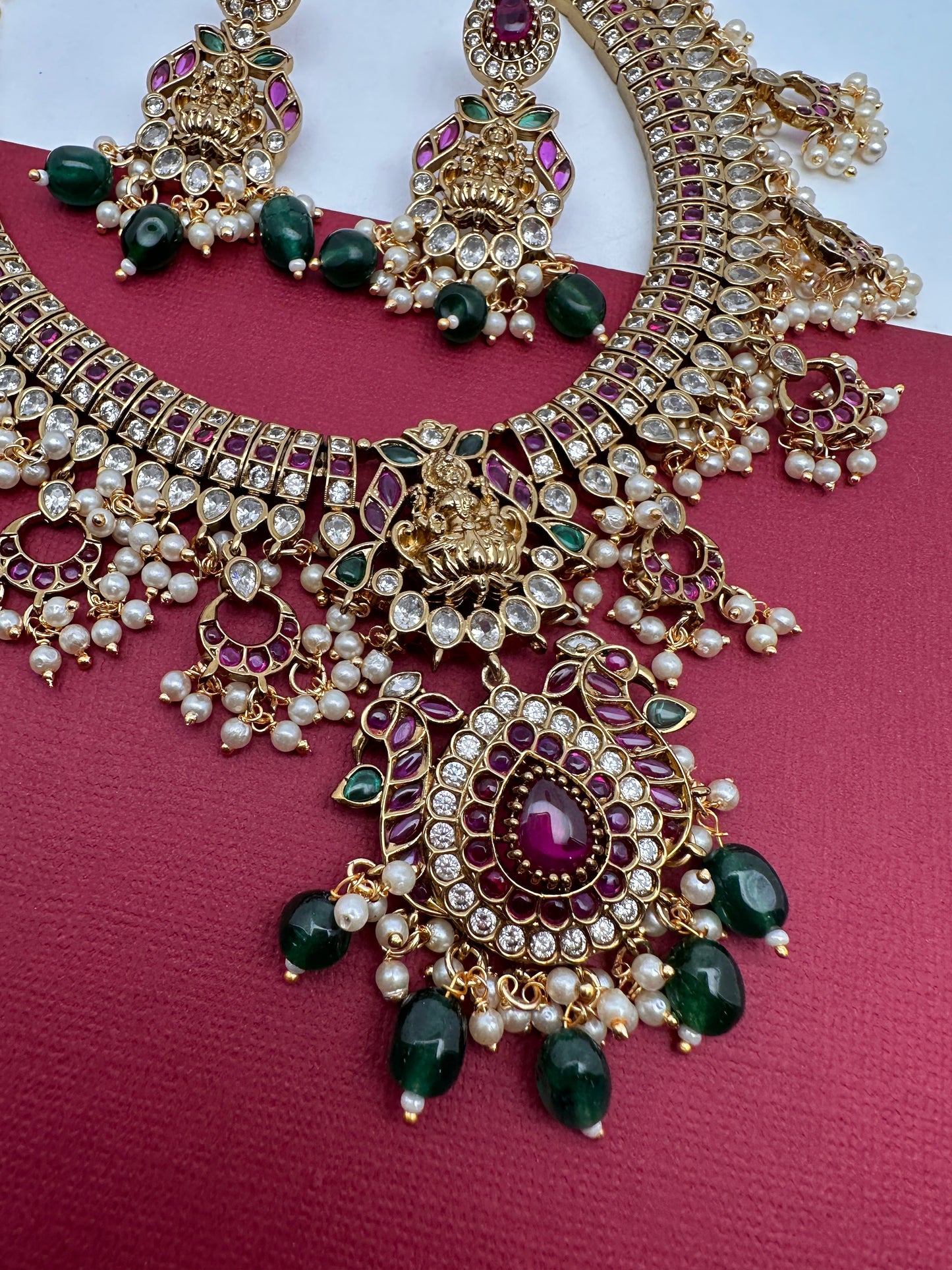 Goddess Lakshmi AD Red Kemp Green Beads Guttapusalu Necklace