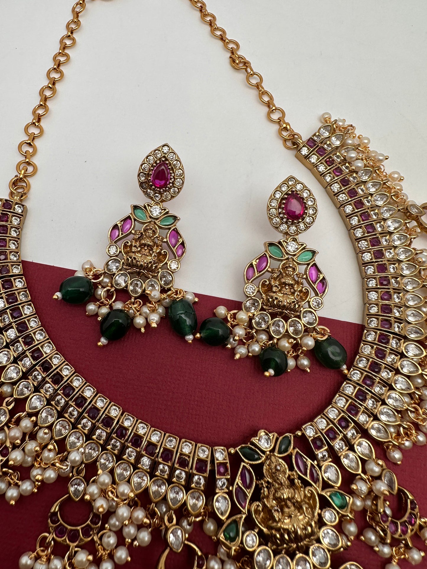 Goddess Lakshmi AD Red Kemp Green Beads Guttapusalu Necklace