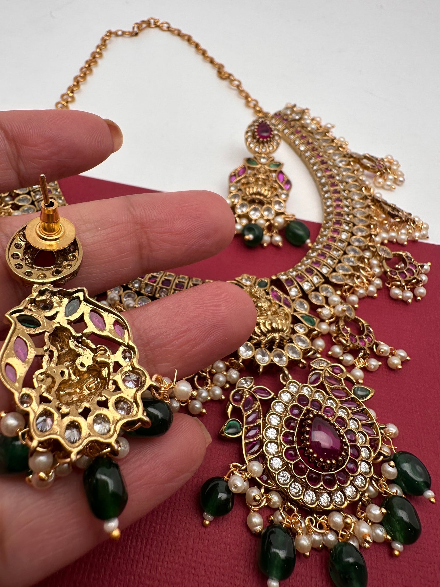Goddess Lakshmi AD Red Kemp Green Beads Guttapusalu Necklace