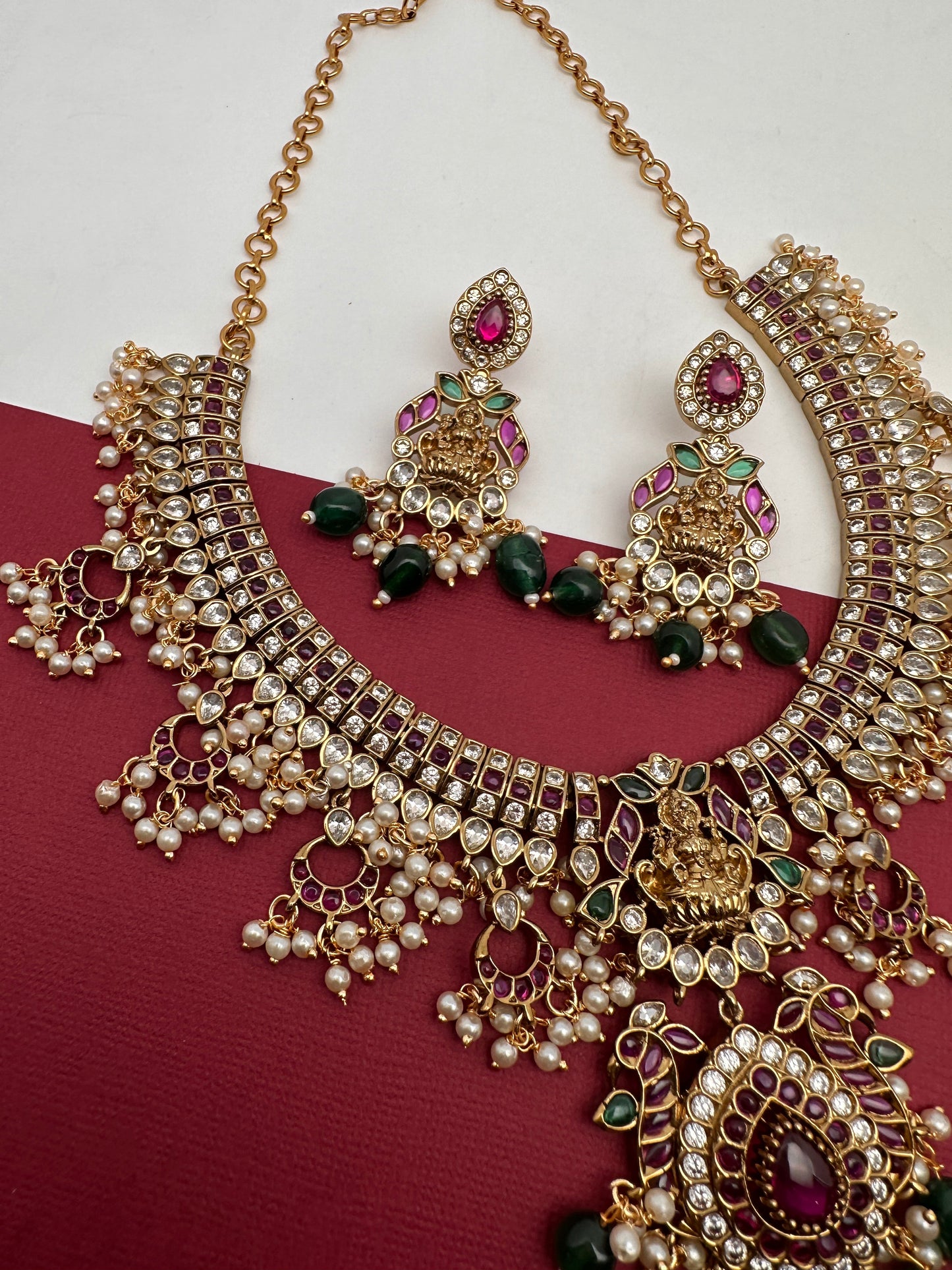 Goddess Lakshmi AD Red Kemp Green Beads Guttapusalu Necklace