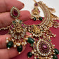 Goddess Lakshmi AD Red Kemp Green Beads Guttapusalu Necklace