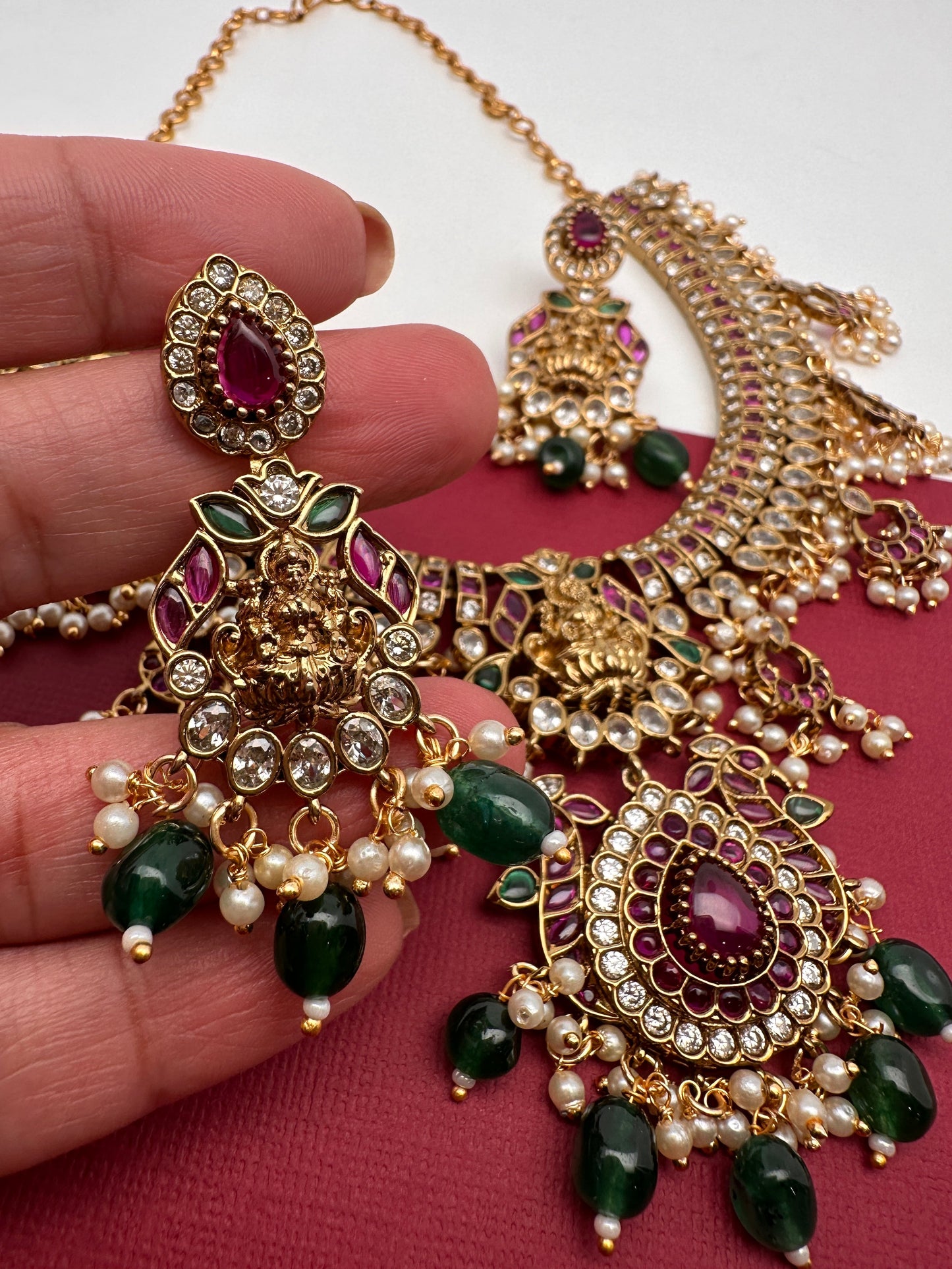 Goddess Lakshmi AD Red Kemp Green Beads Guttapusalu Necklace