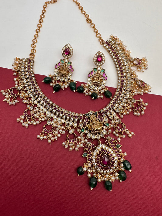 Goddess Lakshmi AD Red Kemp Green Beads Guttapusalu Necklace