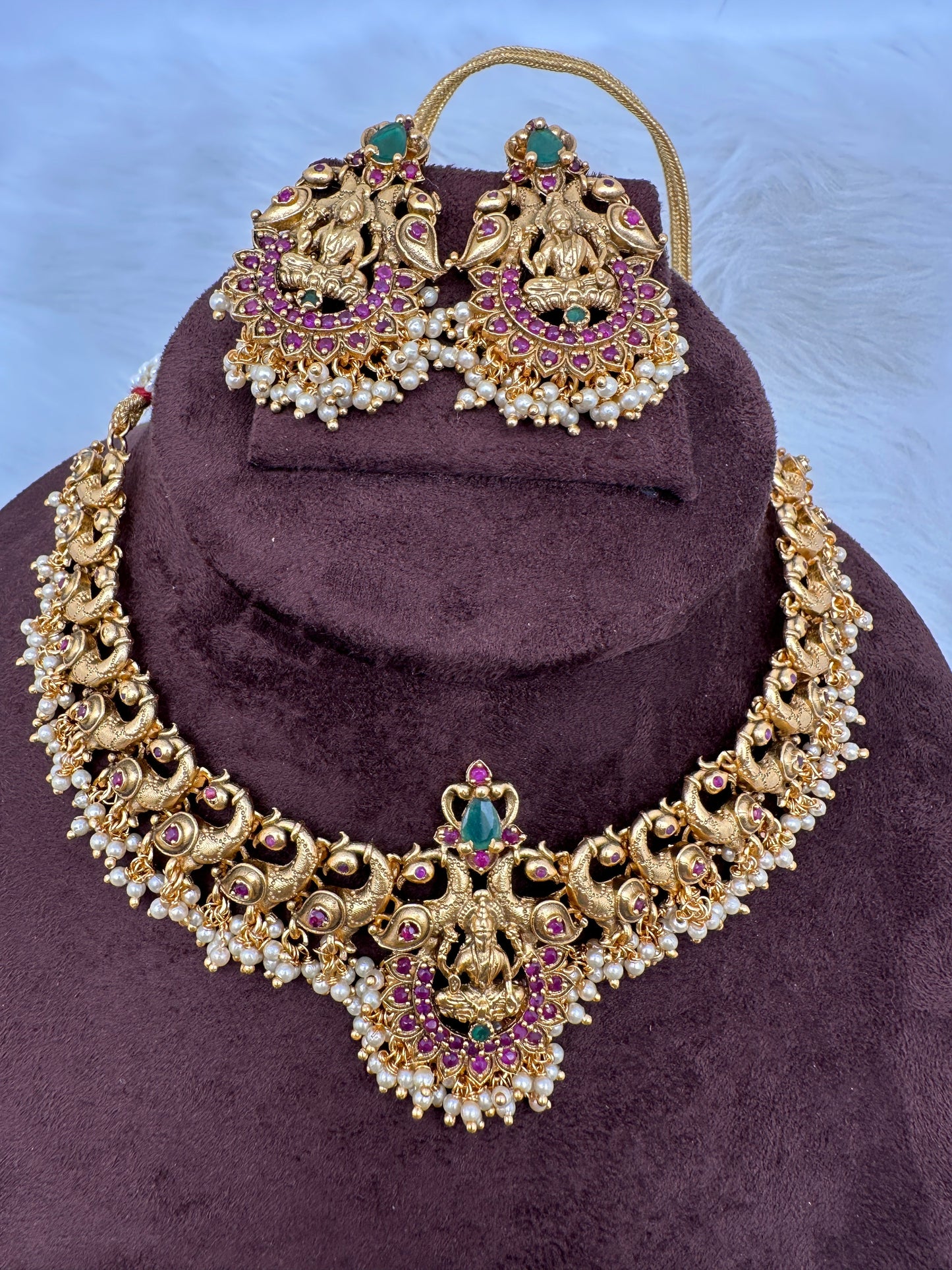 Goddess Lakshmi Peacock Red Green Stone Cluster Pearls Neckline Necklace