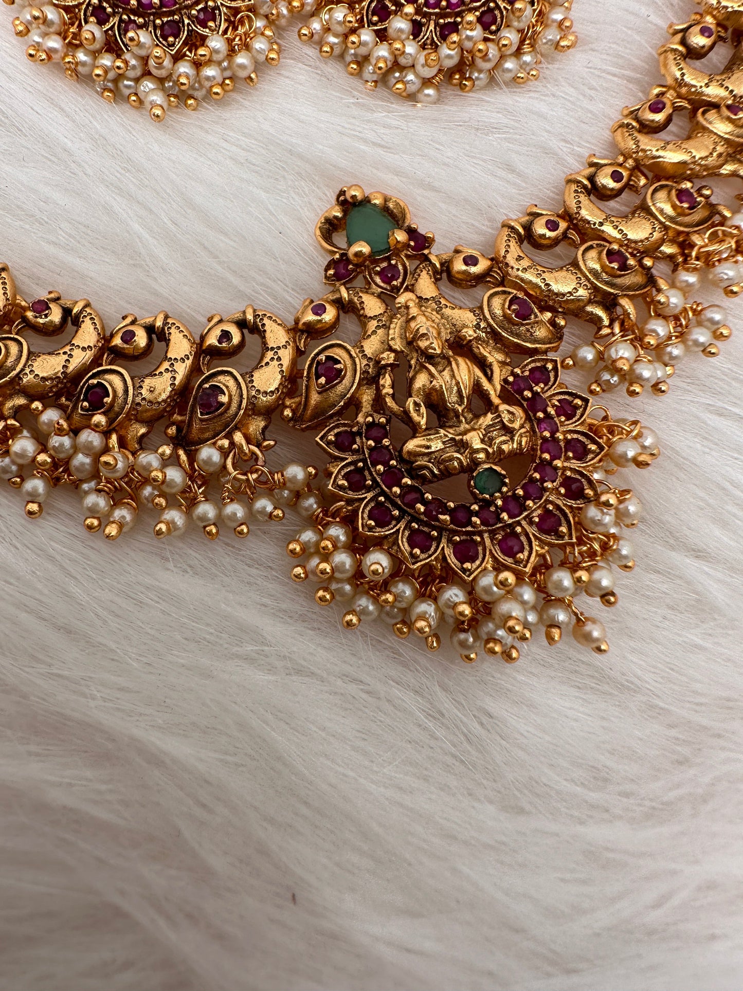 Goddess Lakshmi Peacock Red Green Stone Cluster Pearls Neckline Necklace