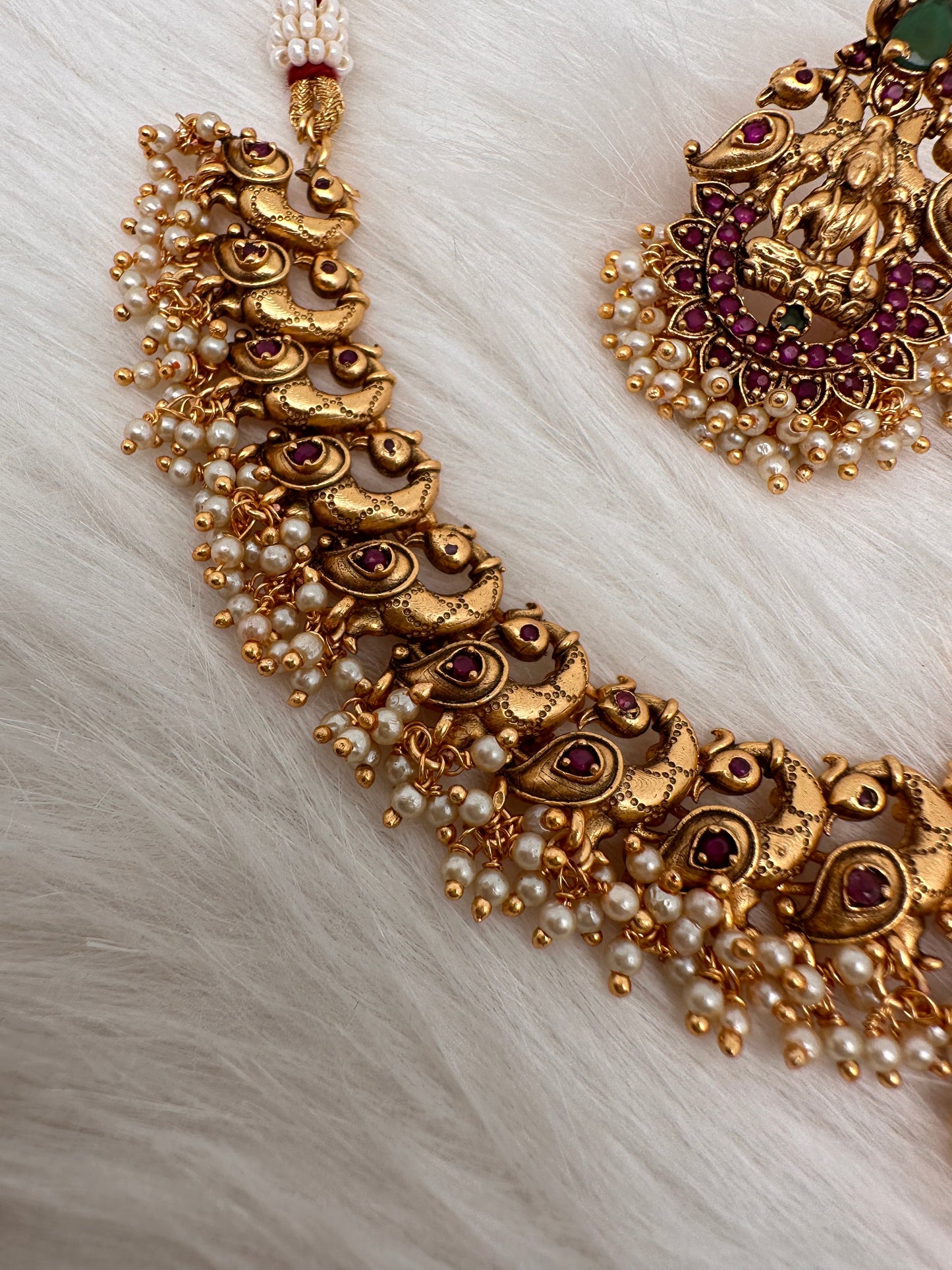 Goddess Lakshmi Peacock Red Green Stone Cluster Pearls Neckline Necklace