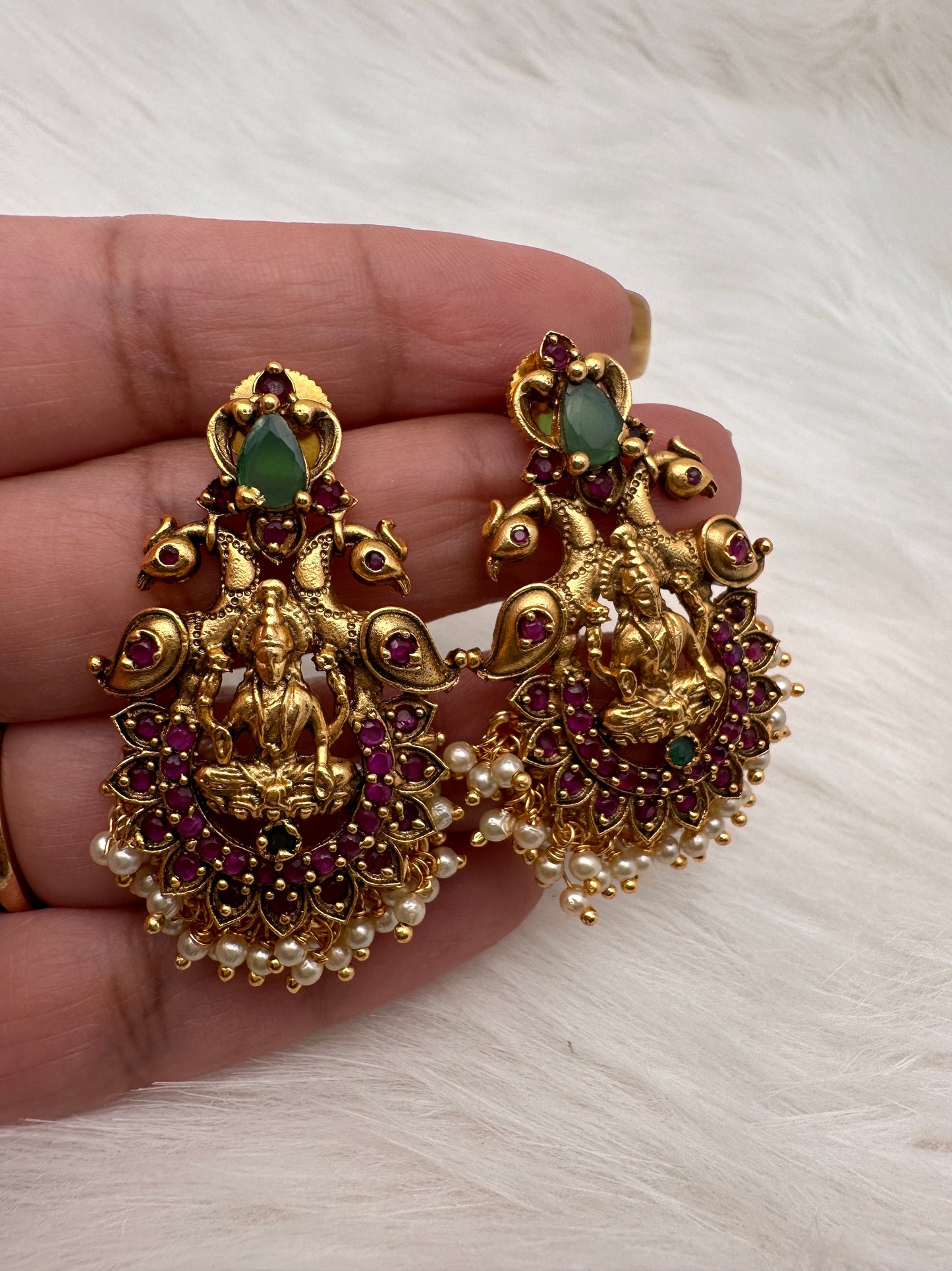 Goddess Lakshmi Peacock Red Green Stone Cluster Pearls Neckline Necklace