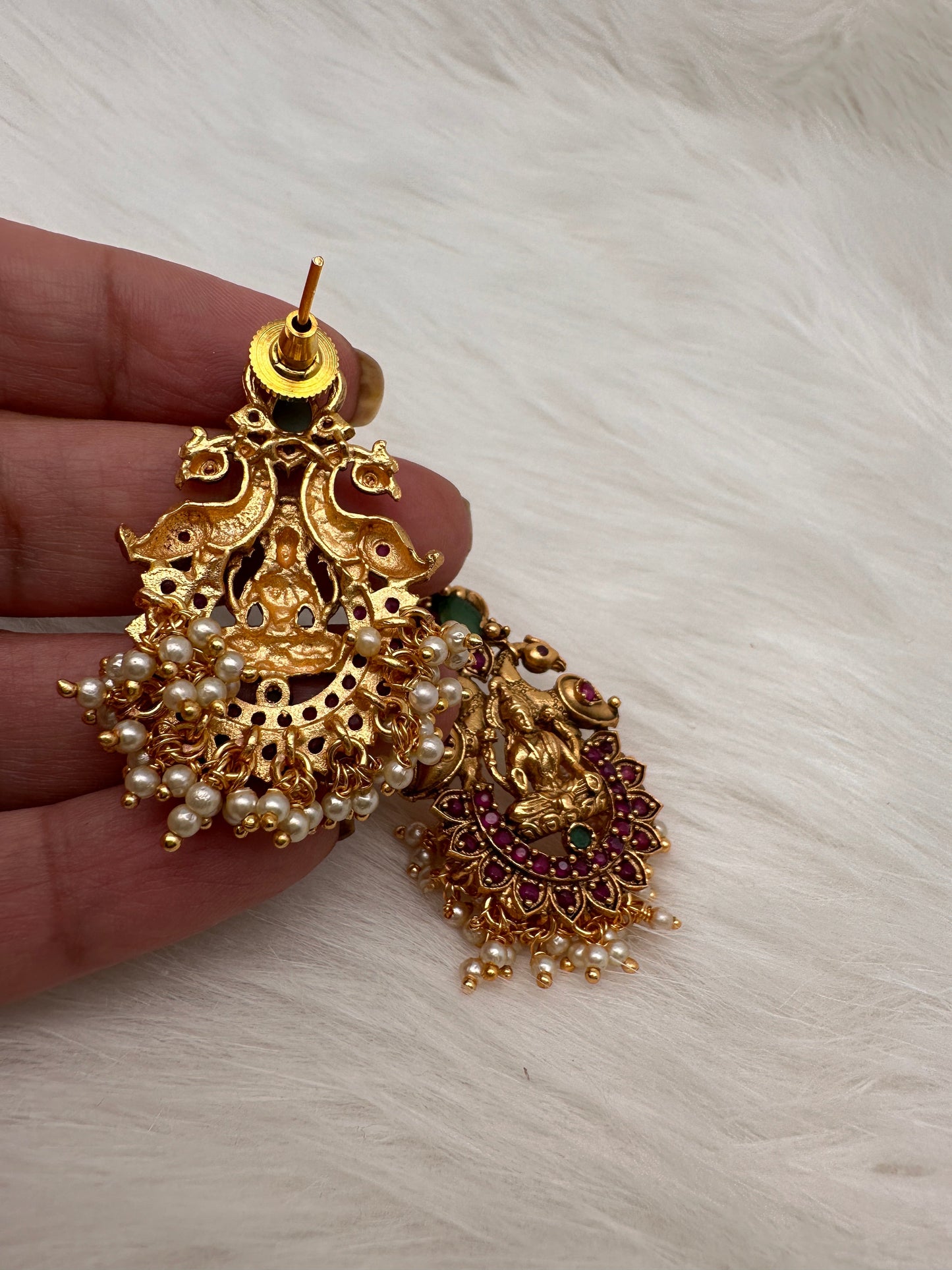 Goddess Lakshmi Peacock Red Green Stone Cluster Pearls Neckline Necklace