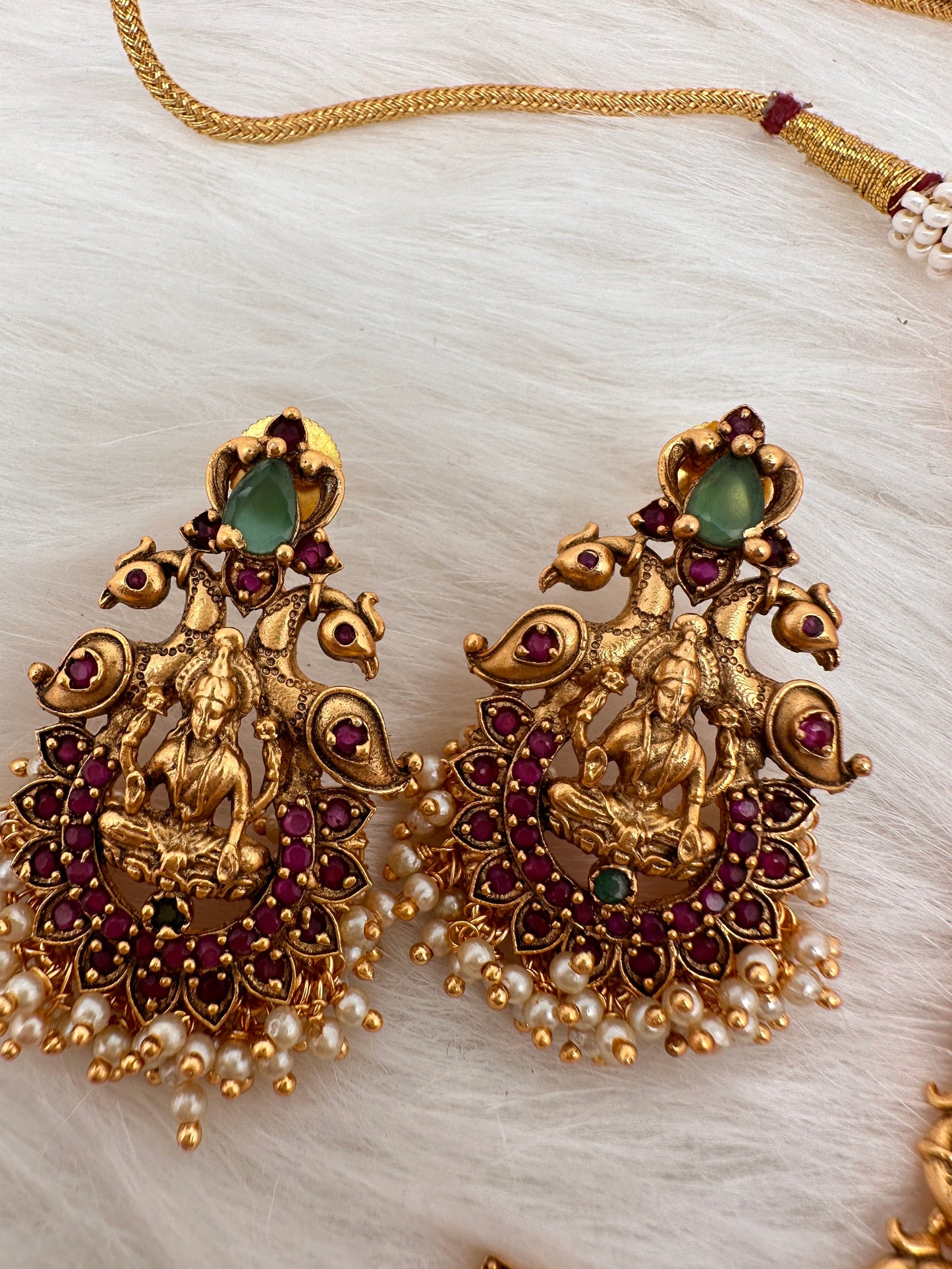 Goddess Lakshmi Peacock Red Green Stone Cluster Pearls Neckline Necklace