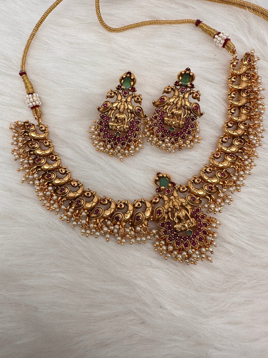 Goddess Lakshmi Peacock Red Green Stone Cluster Pearls Neckline Necklace