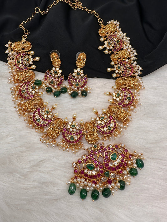 Goddess Lakshmi CZ Red Kemp Guttapusalu Necklace