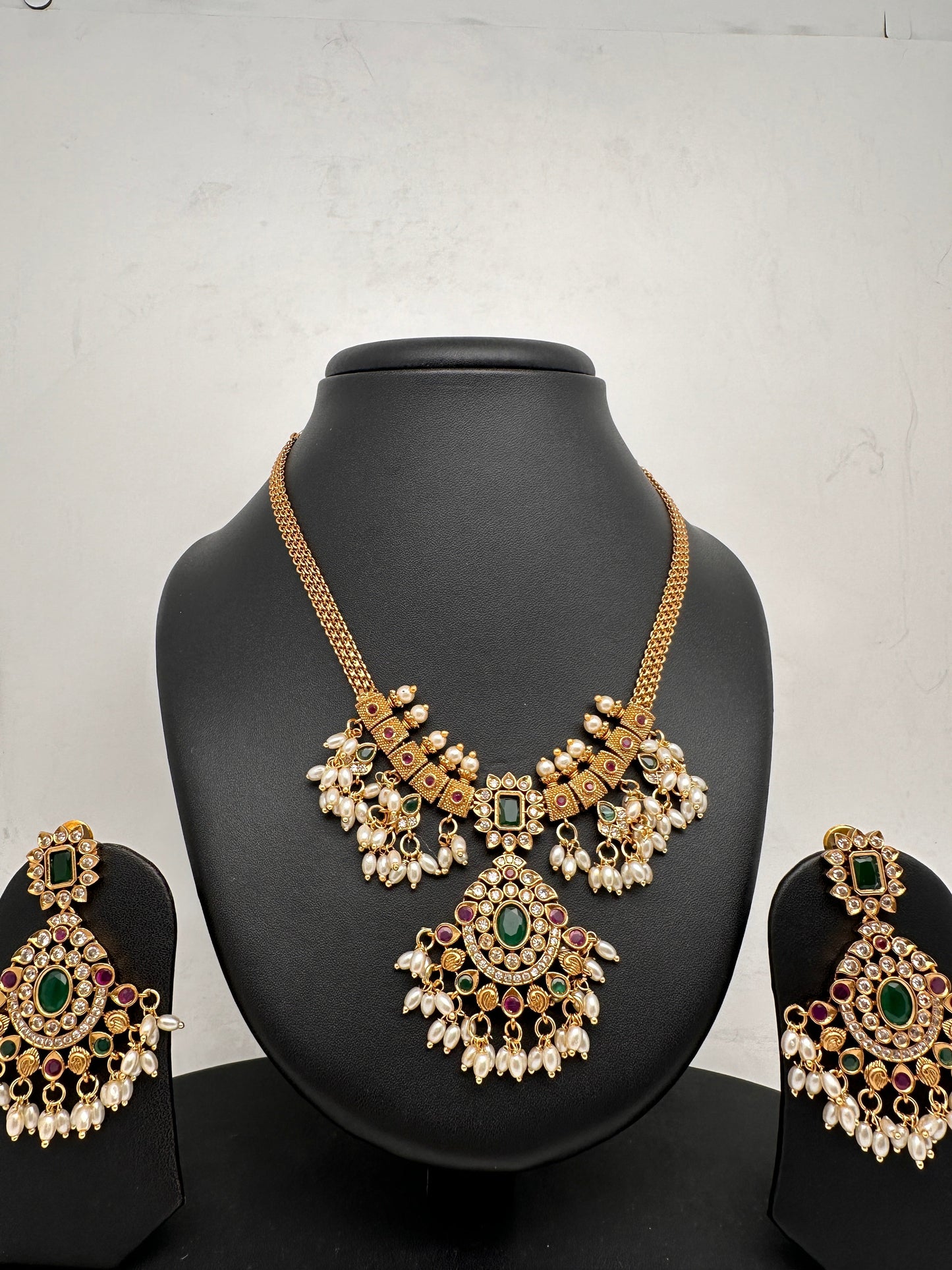 CZ Red Green Stone Guttapusallu Chain Style Dainty Necklace