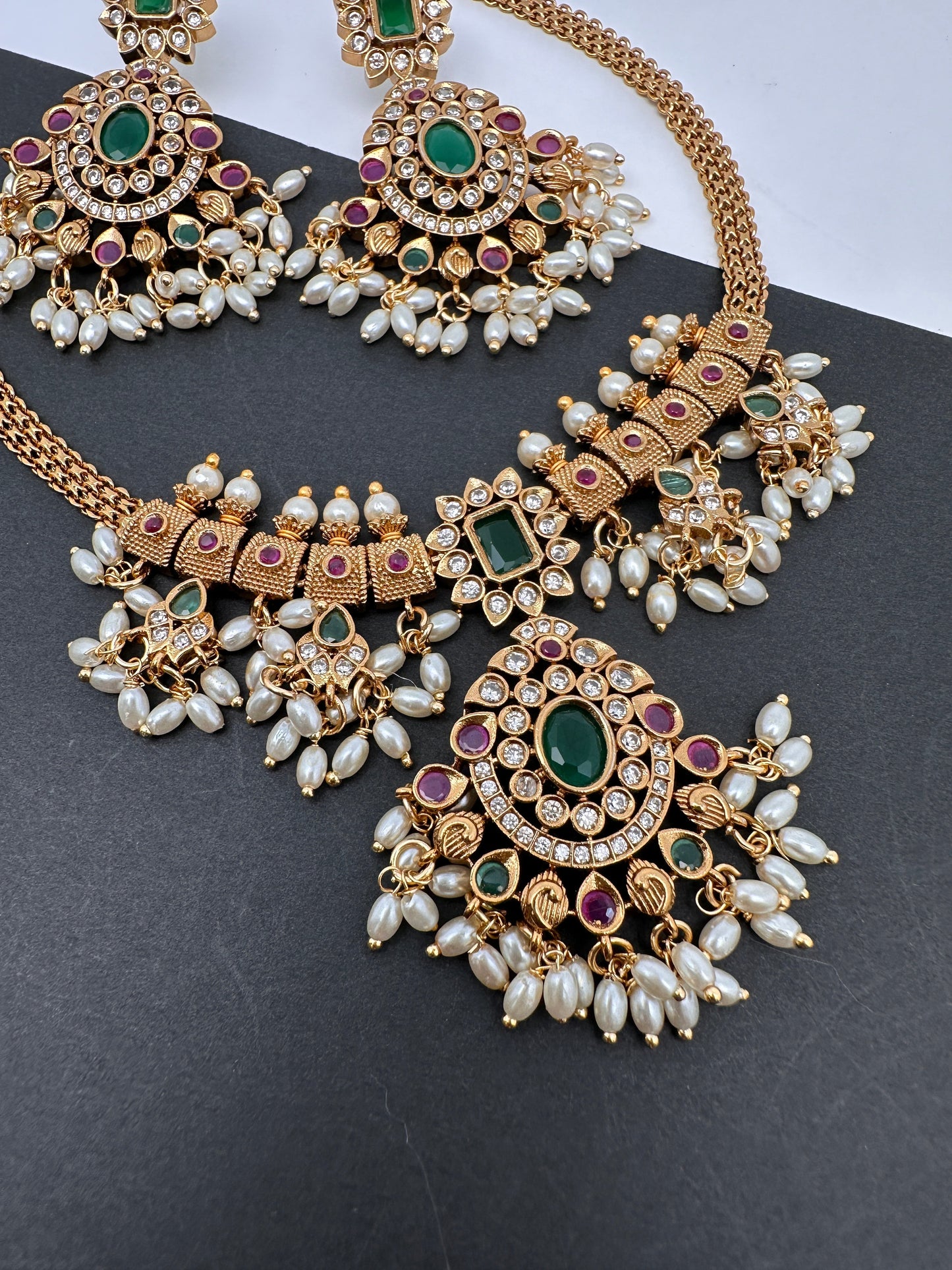 CZ Red Green Stone Guttapusallu Chain Style Dainty Necklace