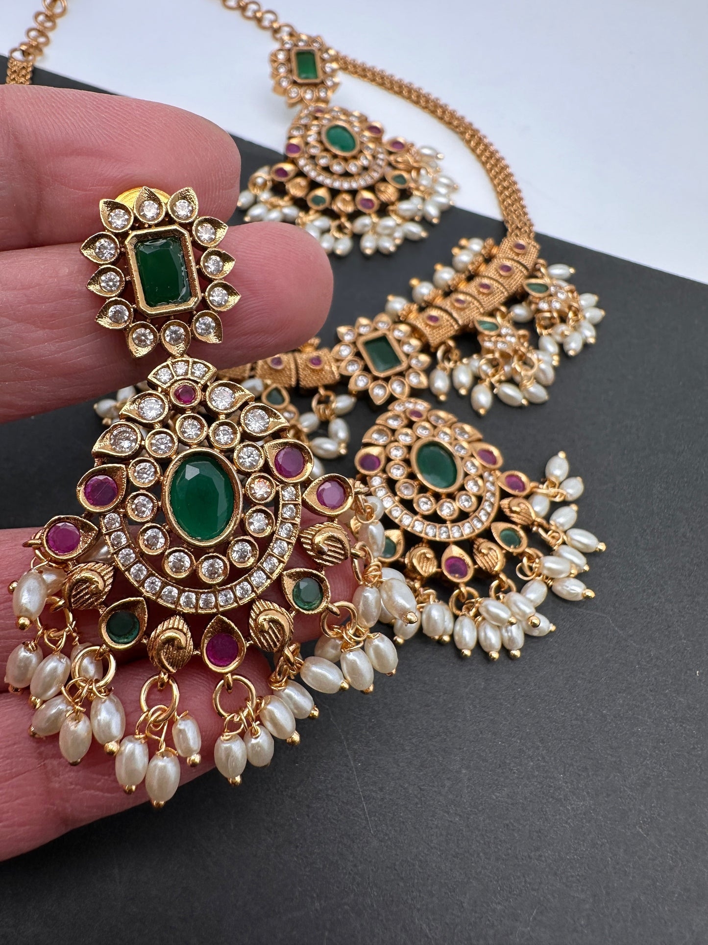 CZ Red Green Stone Guttapusallu Chain Style Dainty Necklace