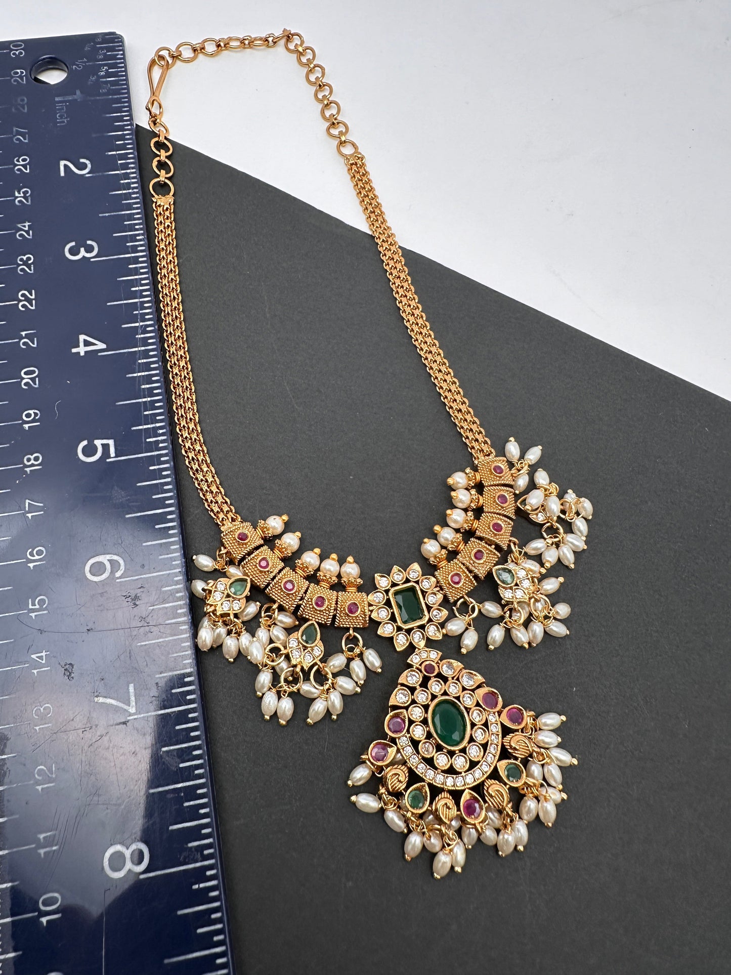 CZ Red Green Stone Guttapusallu Chain Style Dainty Necklace