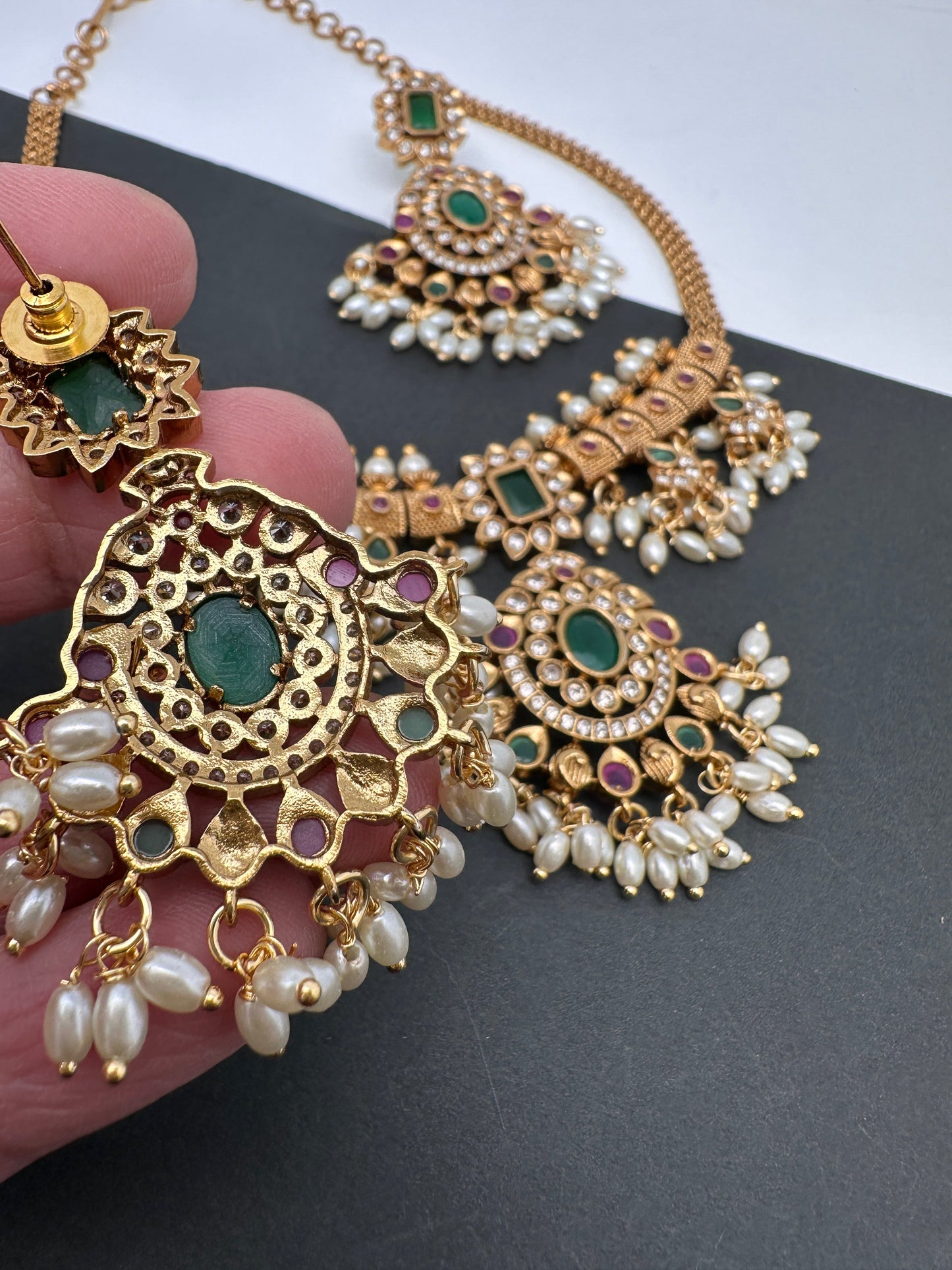 CZ Red Green Stone Guttapusallu Chain Style Dainty Necklace