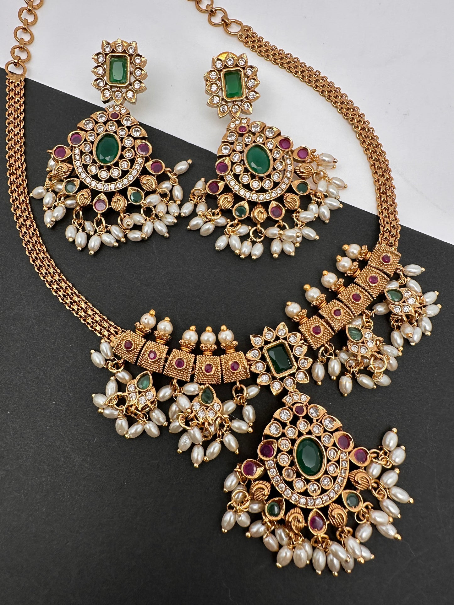 CZ Red Green Stone Guttapusallu Chain Style Dainty Necklace