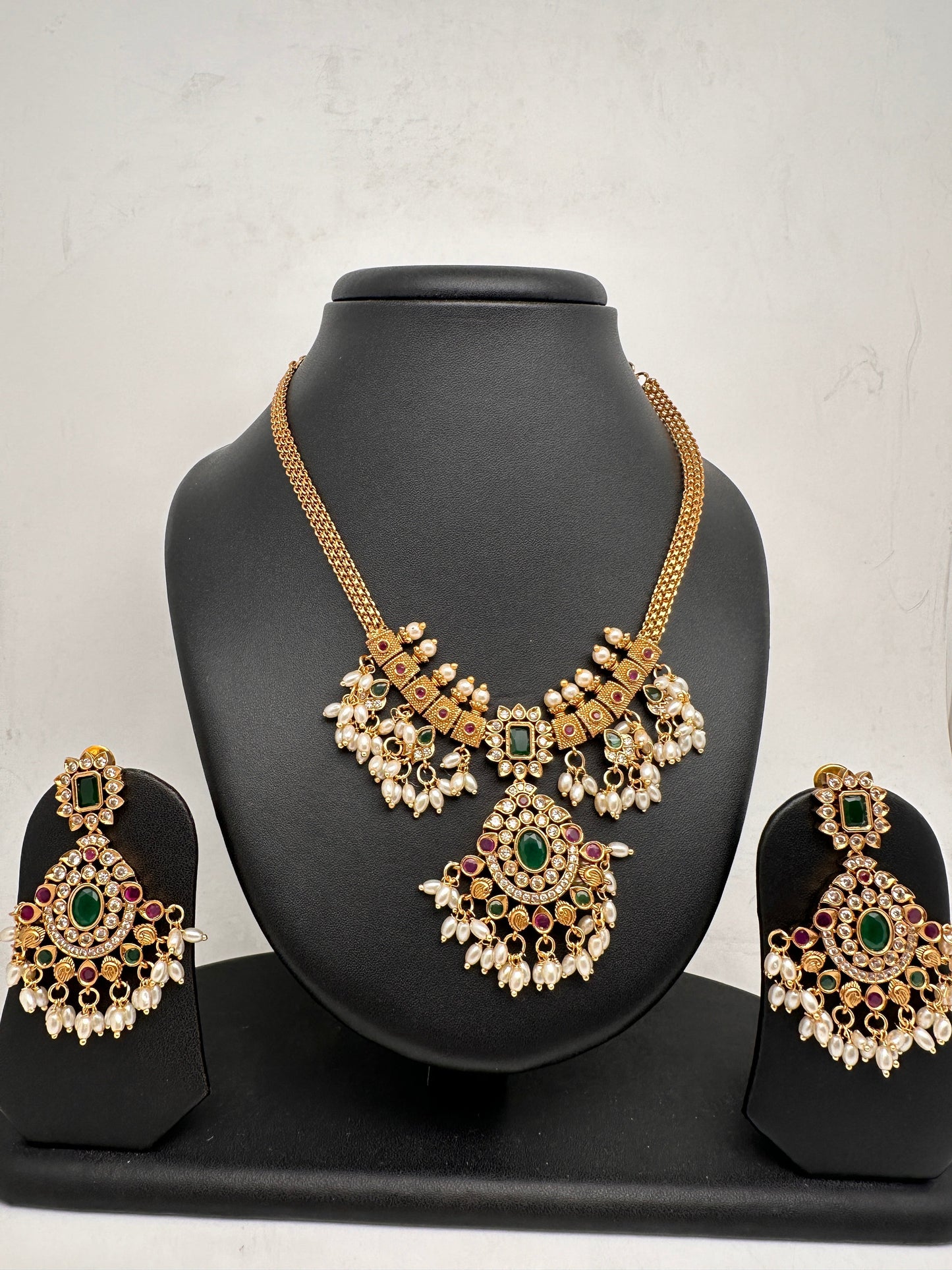 CZ Red Green Stone Guttapusallu Chain Style Dainty Necklace