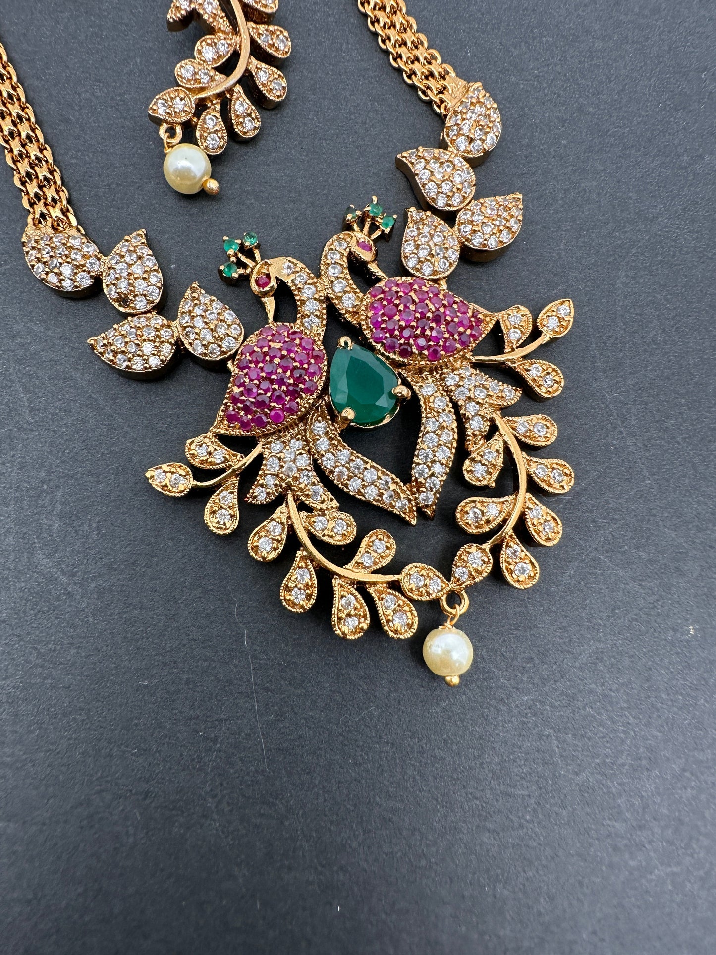 Peacock CZ Red Green Stone Chain Style Dainty Necklace