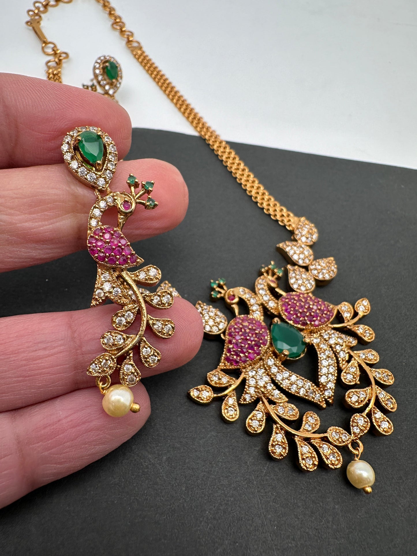 Peacock CZ Red Green Stone Chain Style Dainty Necklace