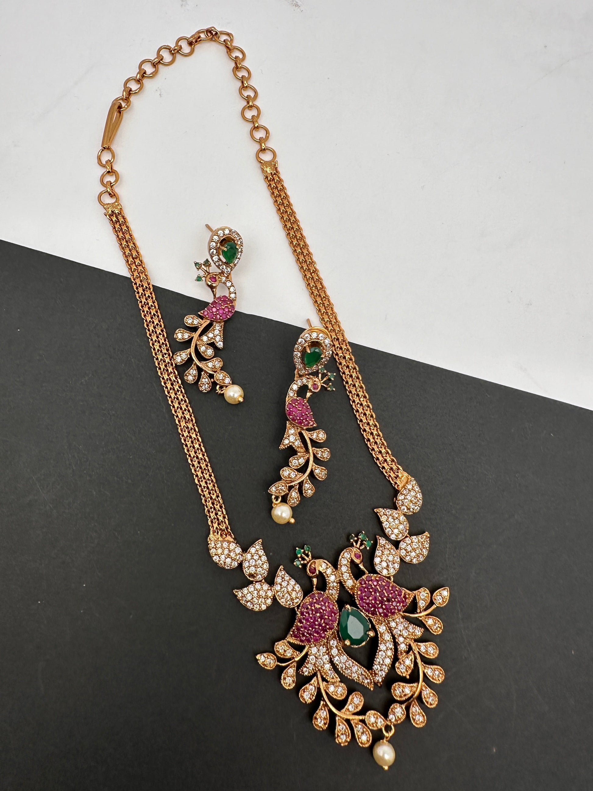 Peacock CZ Red Green Stone Chain Style Dainty Necklace