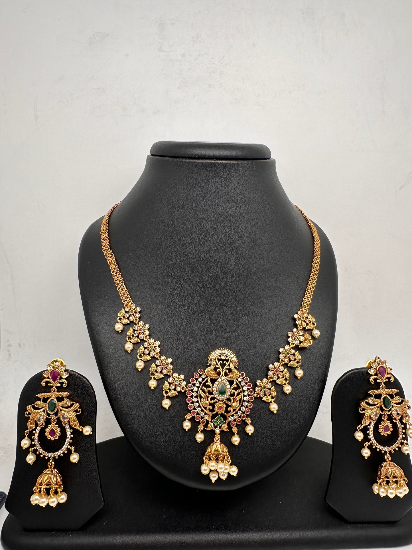 CZ Peacock Red Green Stone Chain Style Dainty Necklace