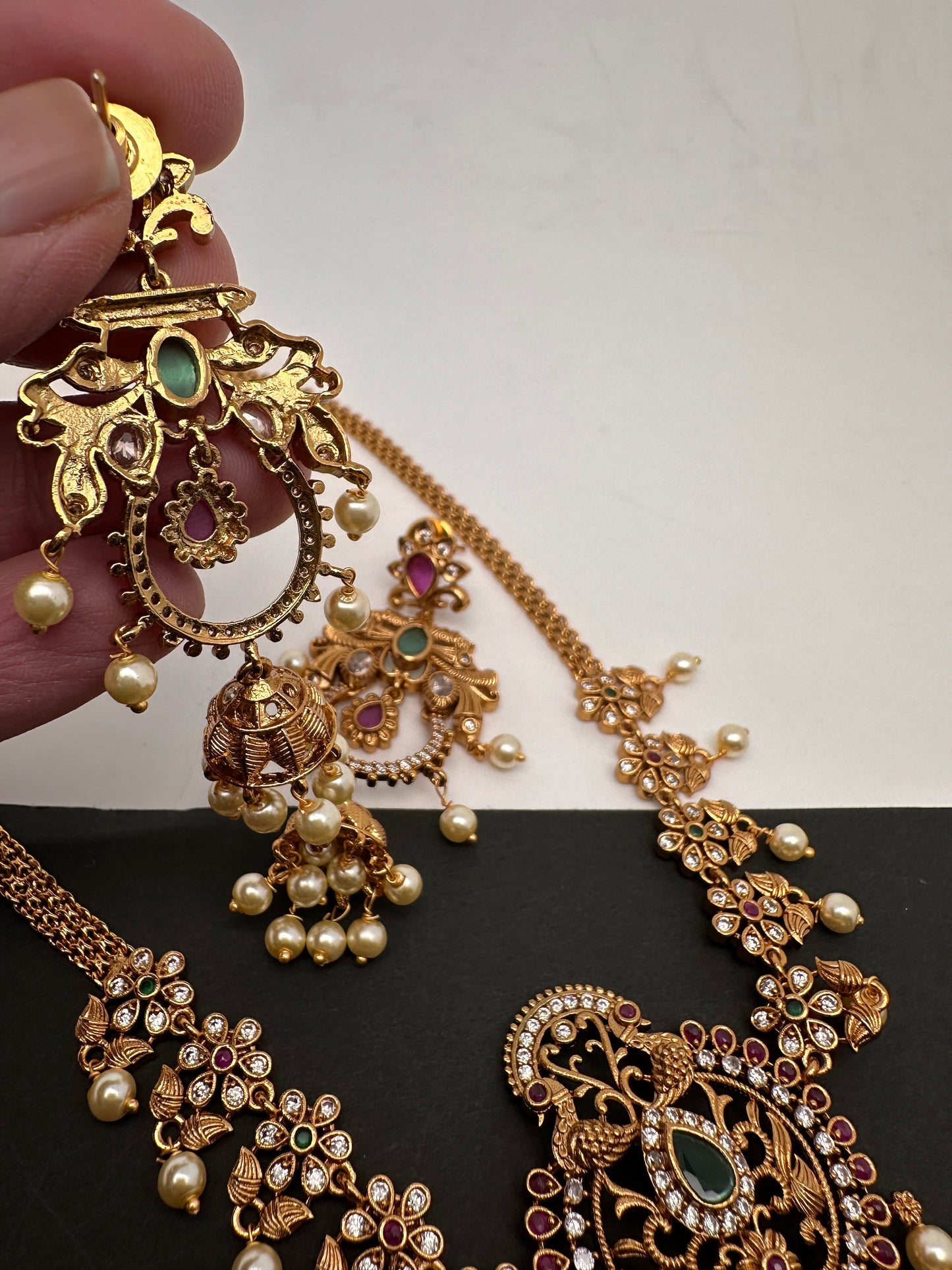 CZ Peacock Red Green Stone Chain Style Dainty Necklace