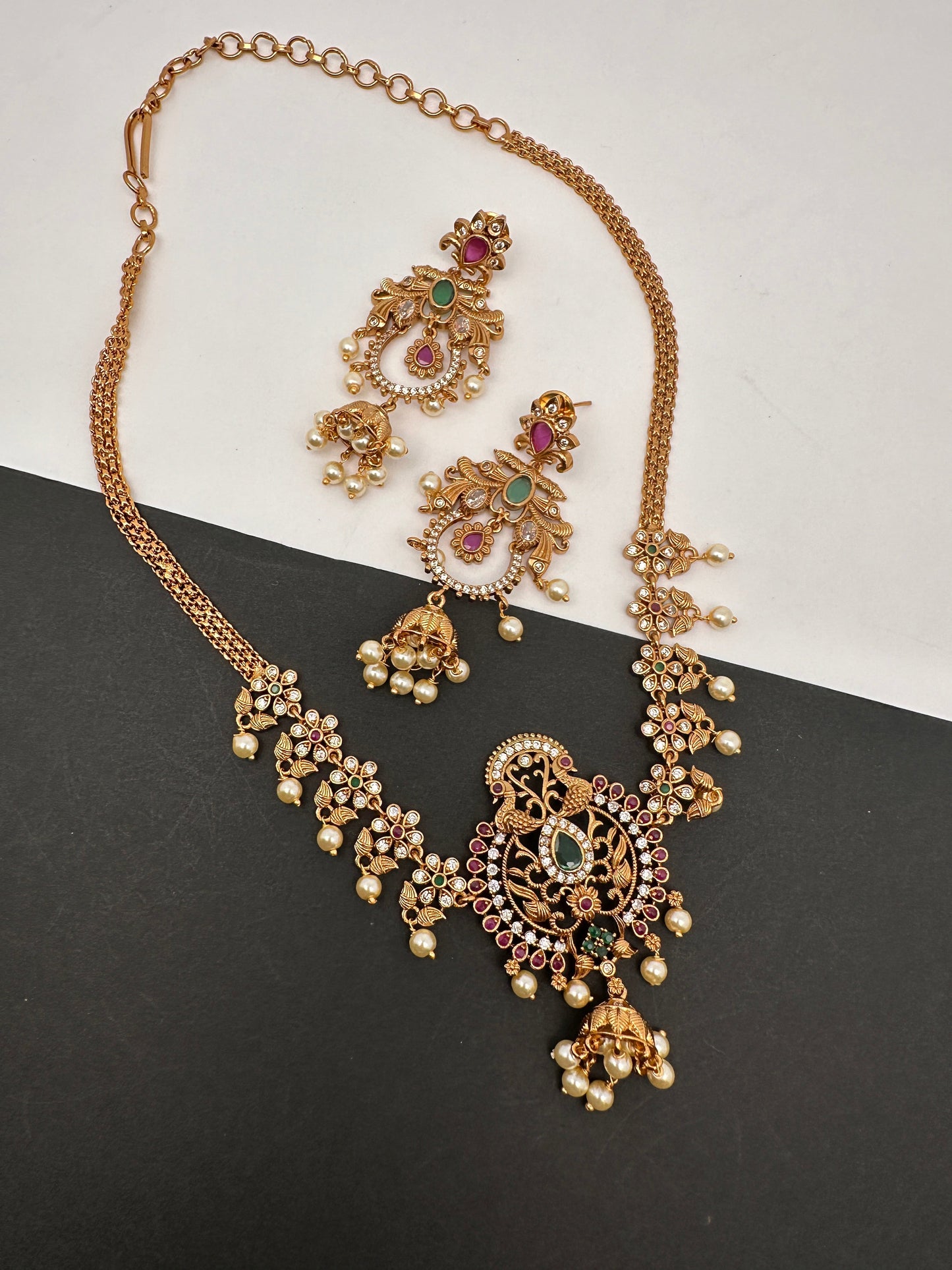 CZ Peacock Red Green Stone Chain Style Dainty Necklace