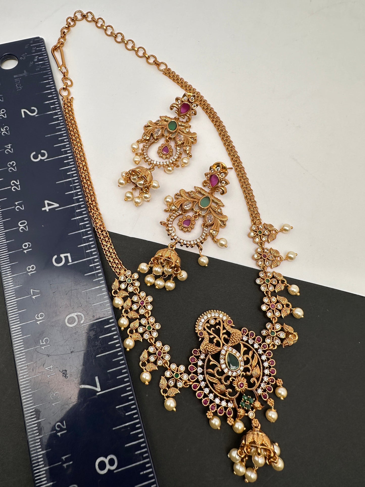 CZ Peacock Red Green Stone Chain Style Dainty Necklace